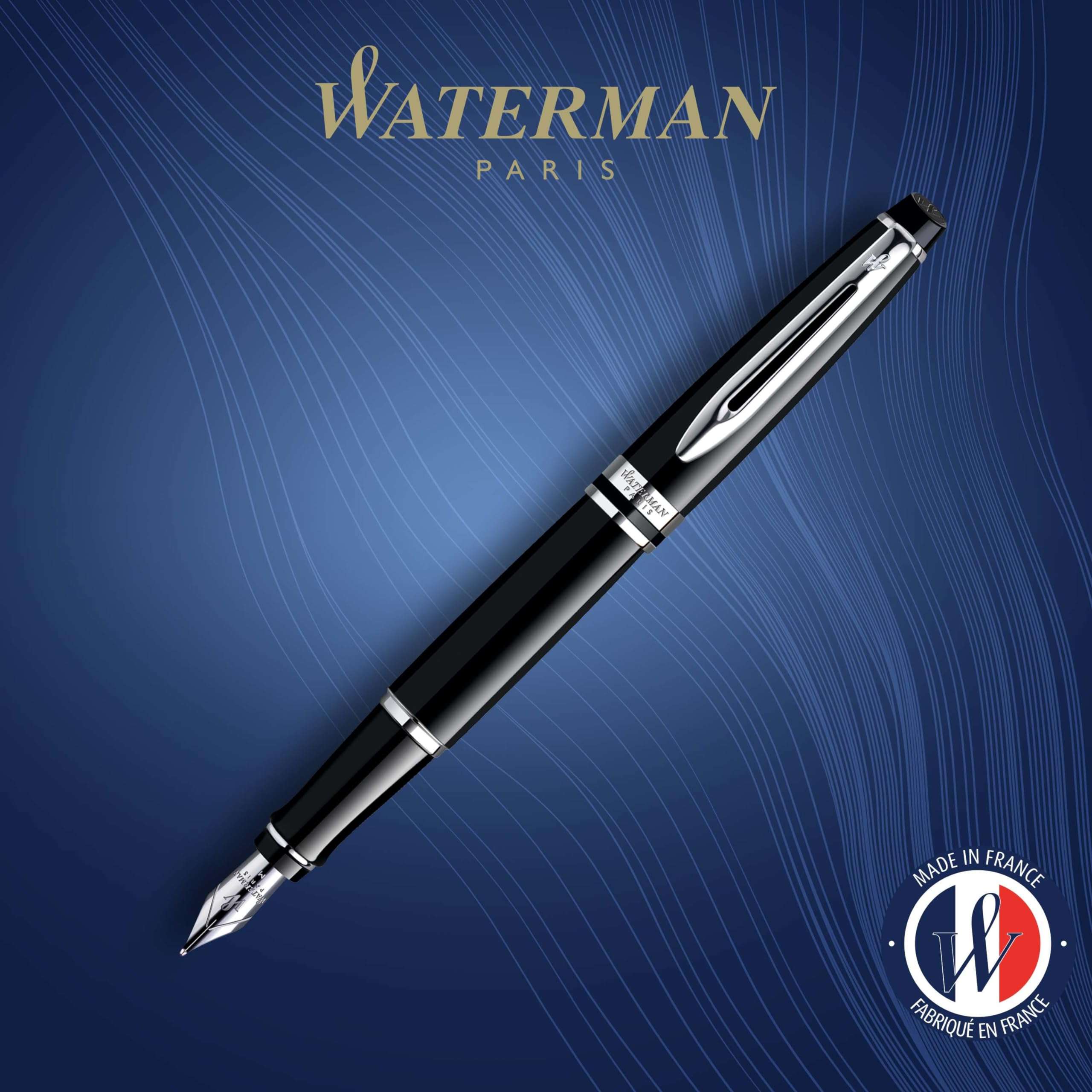 Waterman Expert Fountain Pen, Gloss Black with Chrome Trim, Medium Nib with Blue Ink Cartridge, Gift Box 3