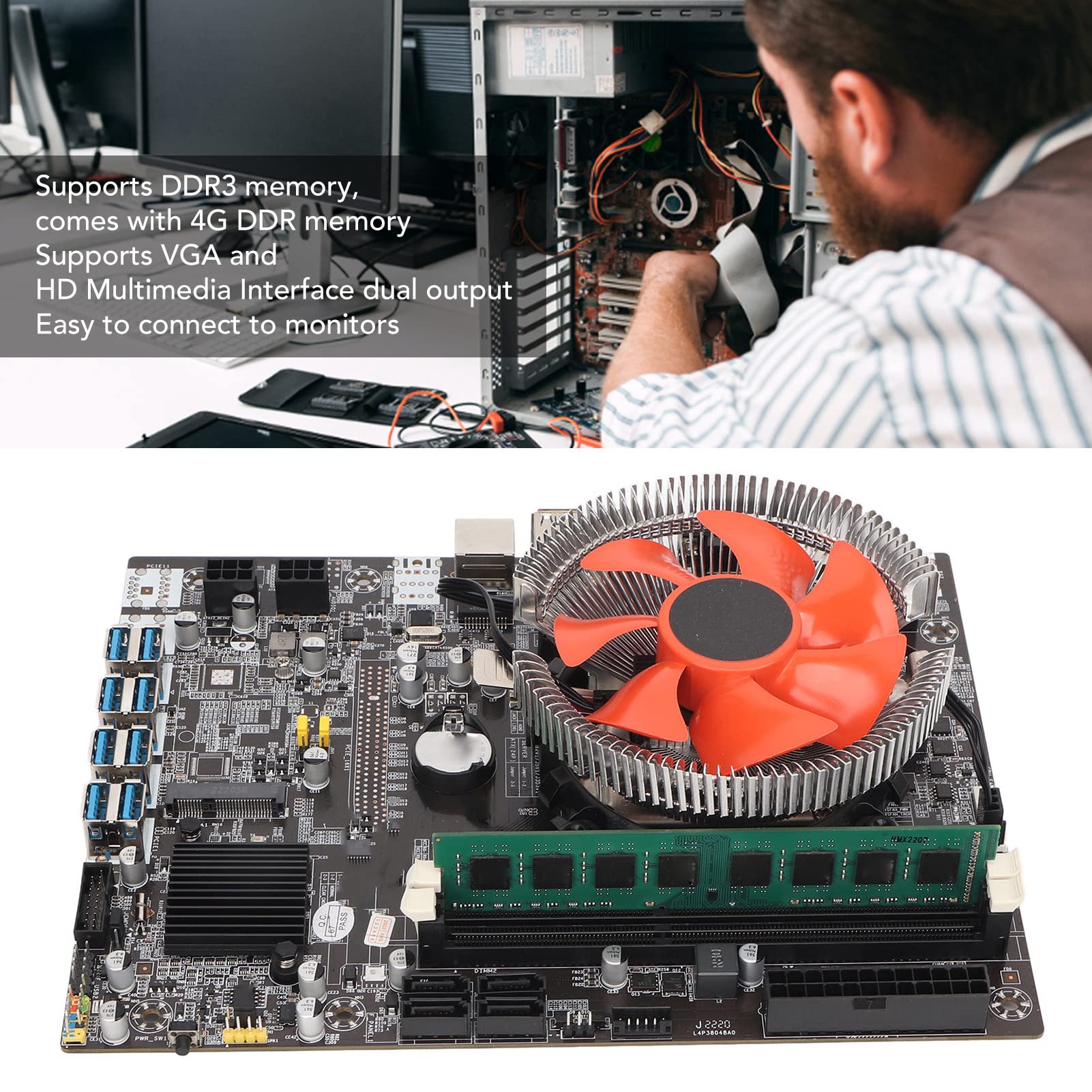 Mining Motherboard, Dual Output DDR3 Motherboard with Cooling Fan, GPU Mining Motherboard Model, 8 USB3.0, PCIIE X1 Channel Adapter 4