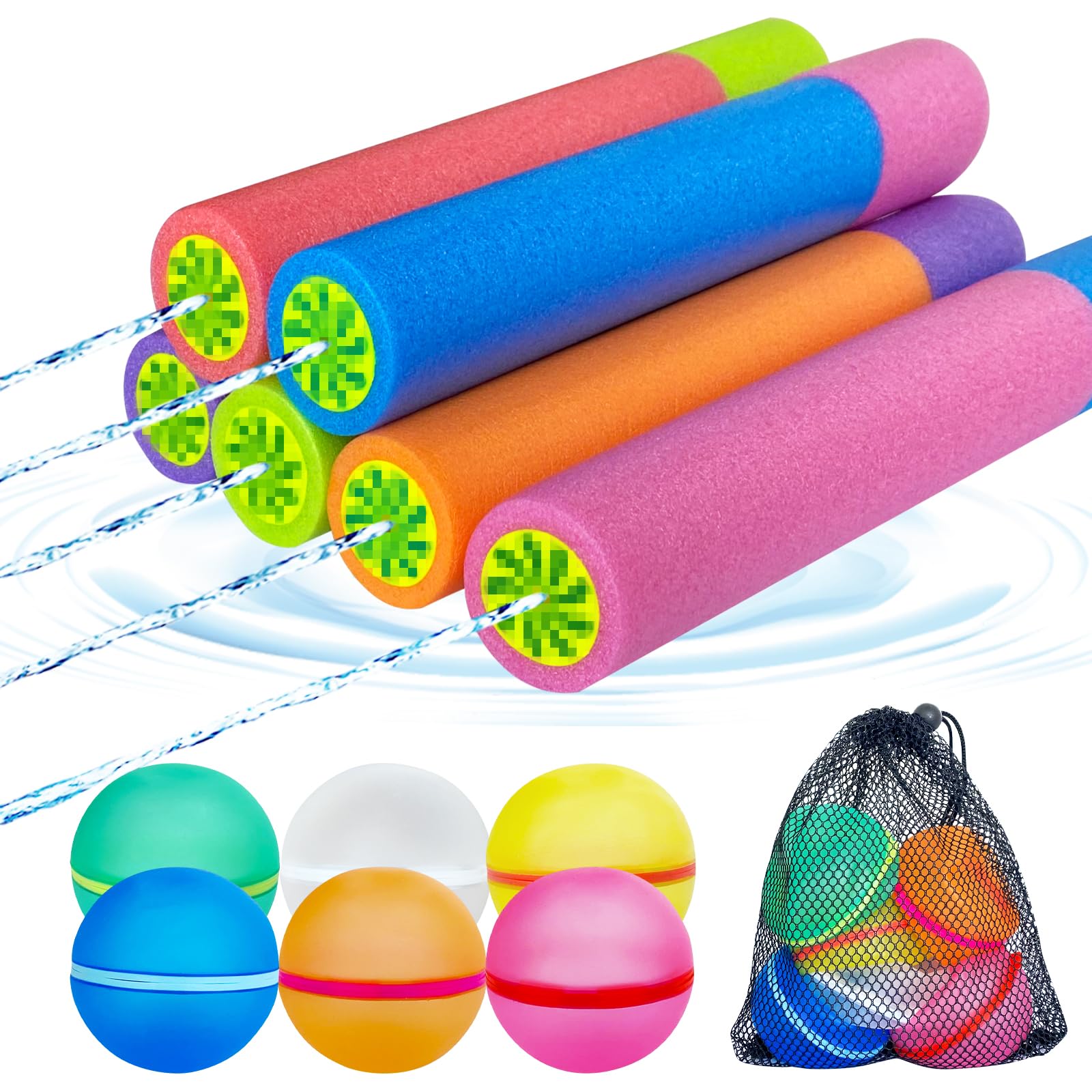 12 Pack Water Gun Blaster&Water Balloons Set,6 Squirt Gun,6 Magnetic Reusable Water Balloons for Pool Noodles Outdoor Water Toys