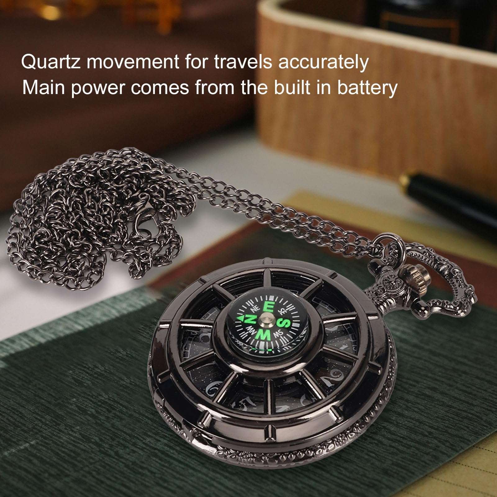 Vintage Pocket Watch, Quartz Pocket Watch Out Dial Compass Men Pocket Watch With Chain Quartz For Quartz Movement Hollow With Chain Black 6