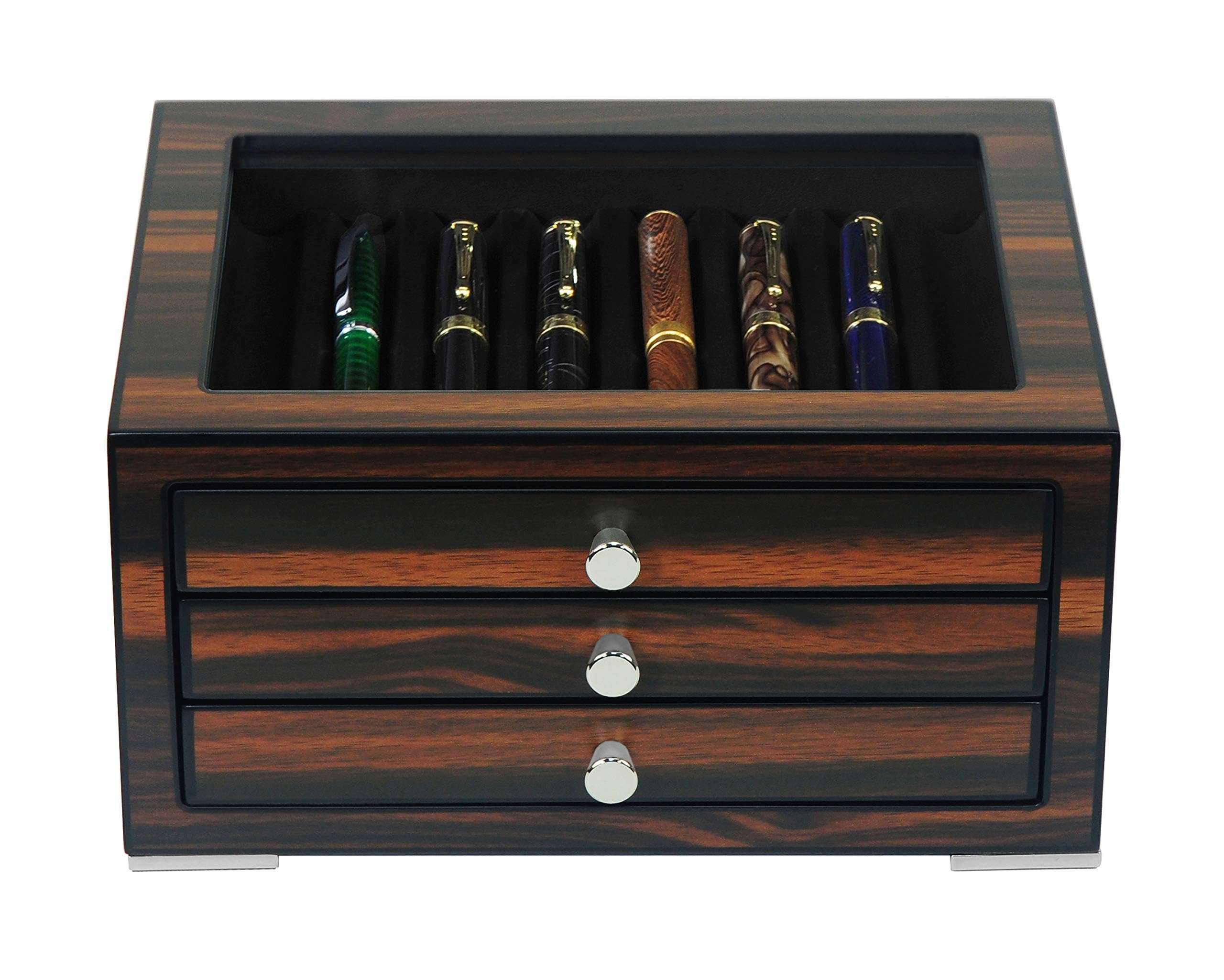 Lifomenz Co Stackable Wooden Display Case with Drawer – Slot Ebony Pen Cabinet, Luxury Fountain Pen Storage Box with Glass Window for Collection (2) 6