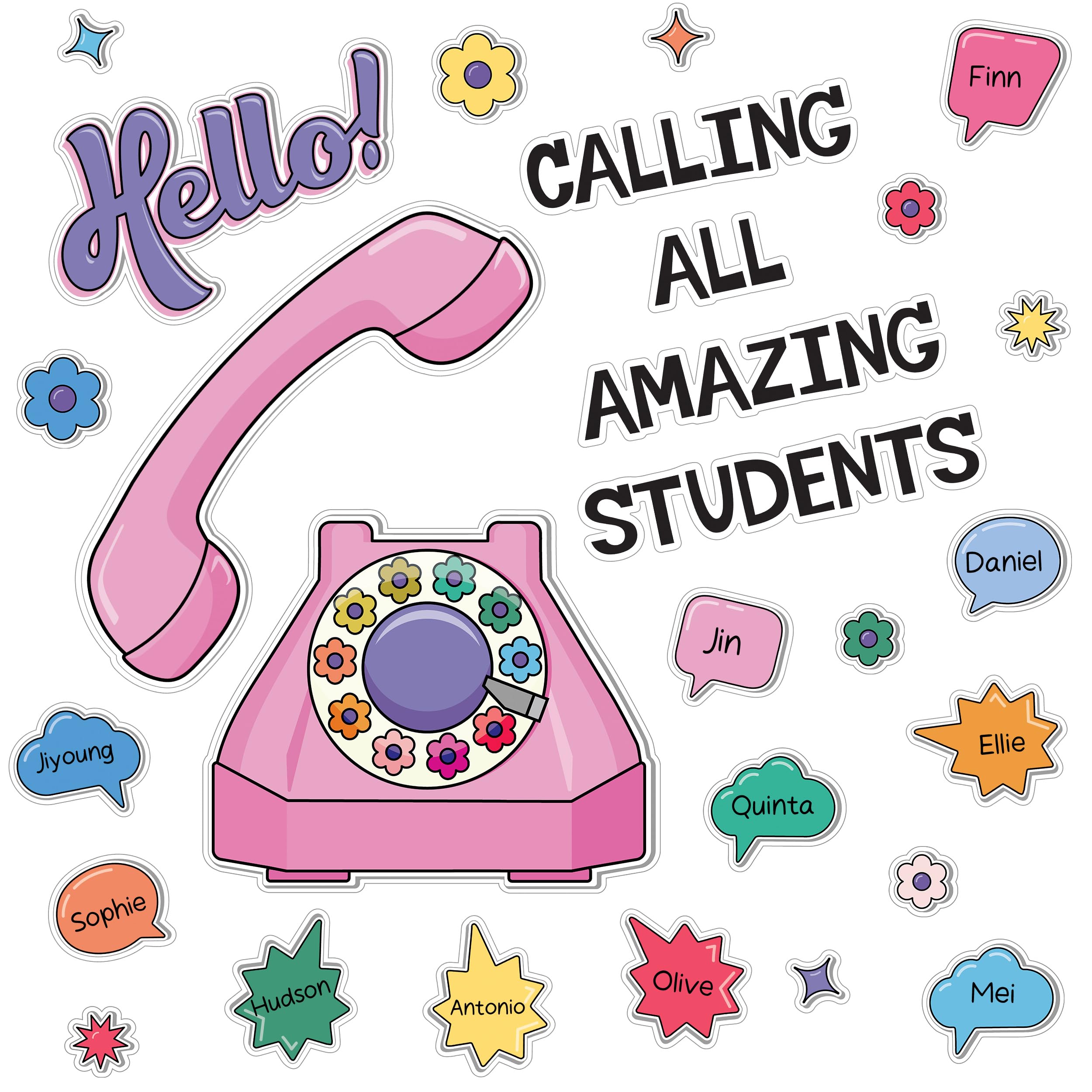 Happily Ever Elementary Retro Remix 71-Piece Motivational Bulletin Board Set, Banner, Telephone, Flowers, Speech Bubbles, and More Bulletin Board Decorations, Groovy Classroom Decor