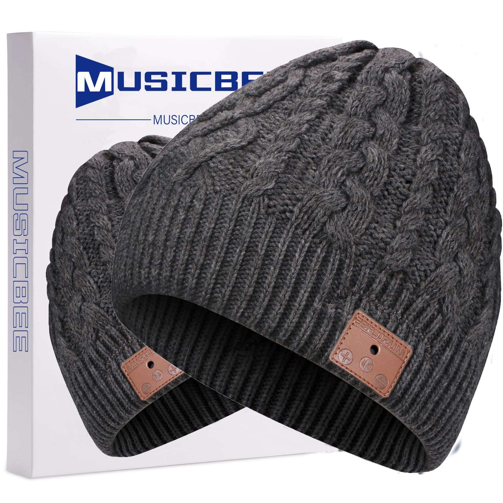 MUSICBEE Bluetooth Beanie，Bluetooth V5.2, 24 Hour Play time, Built-in Microphone and HD Stereo Speakers, Wool Lined for Outdoor Homes and Gifts - Neutral(Charcoal) 1