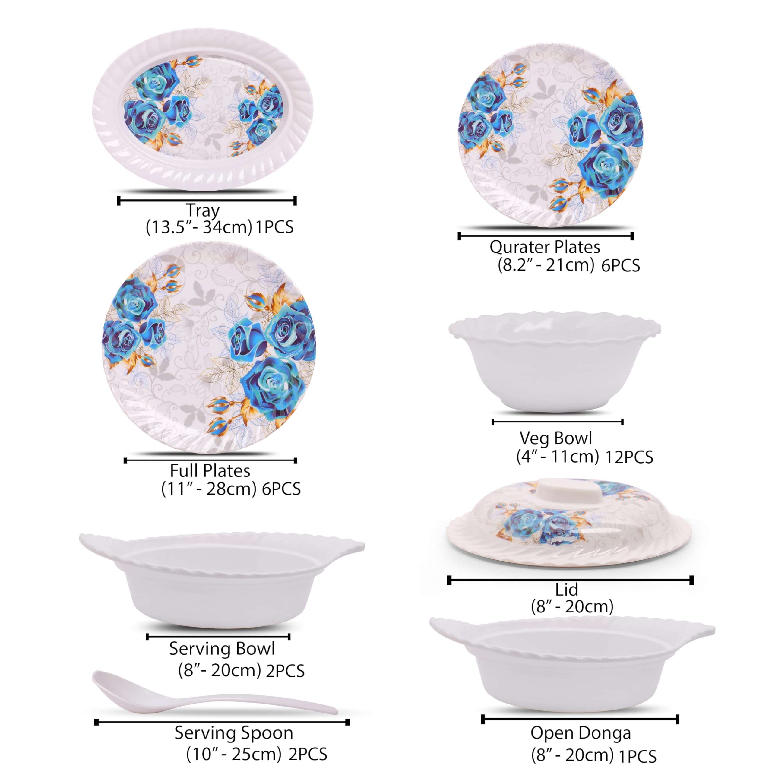 Home-Pro - 32 Pieces Melamine Dinner Set Royal Lehar, Stain Resistant, Beautiful Blue Flower Design Crockery Dinnerware in Exclusive Square Shape Set for Your Home Kitchen and Gifting 4