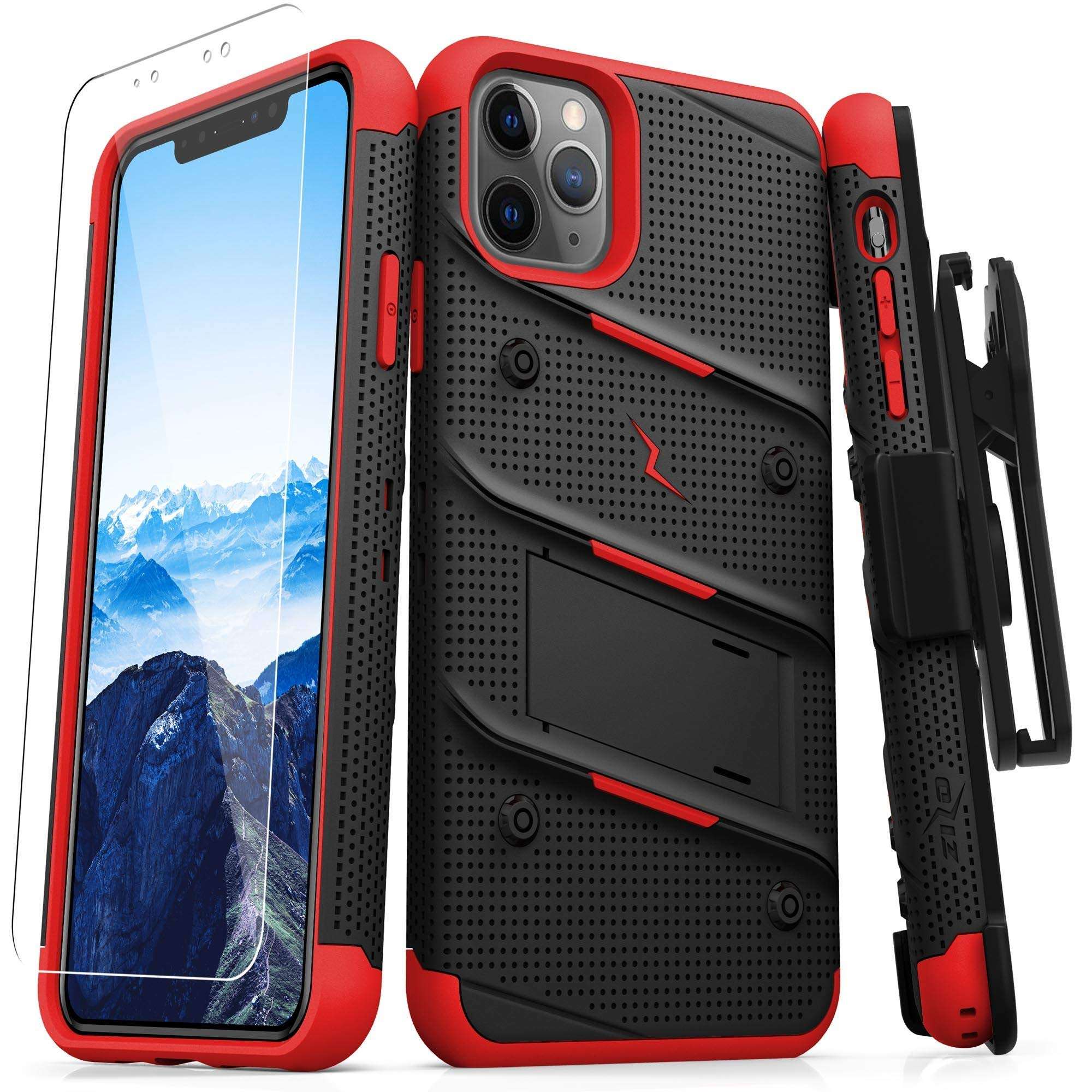 Zizo Bolt Cover - Case for iPhone 11 Pro with Military Grade + Glass Screen Protector & Kickstand and Holster (Black/Red) 1