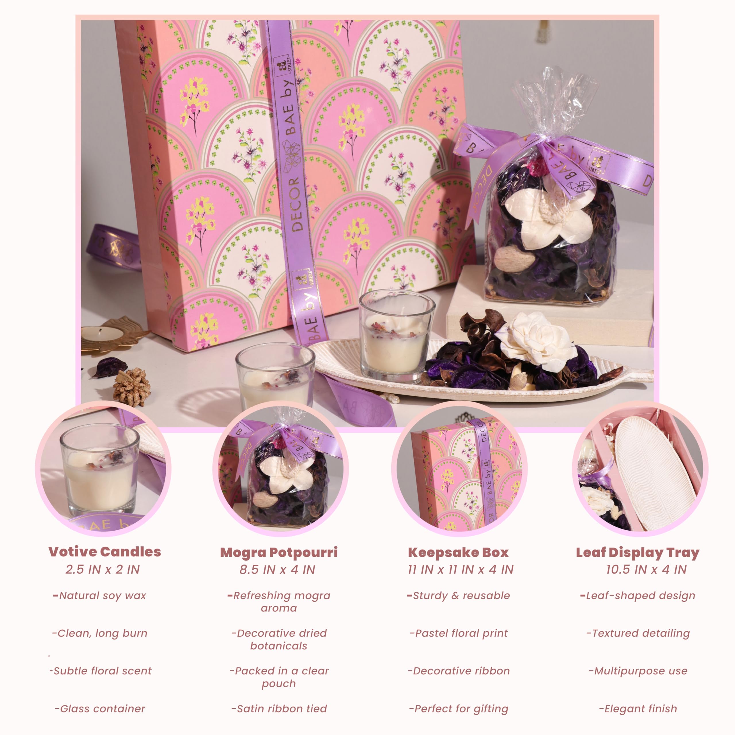 Art Street Diwali Gift Hamper Box with Mogra Scent Potpourri, Glass Candle and Tray for Diwali Celebration and Gift for Family, Friends and Relatives (Pack of 4) 5