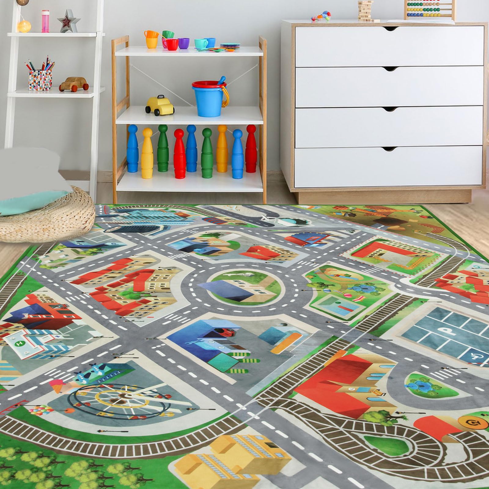 JinKune Kids Rug Playmat Carpet 4'x5.9 Grey, Non Slip Kids Rug for Playroom, Bedroom Boys, Kids Car Rug Play Mat, Road Train Track Rug 2