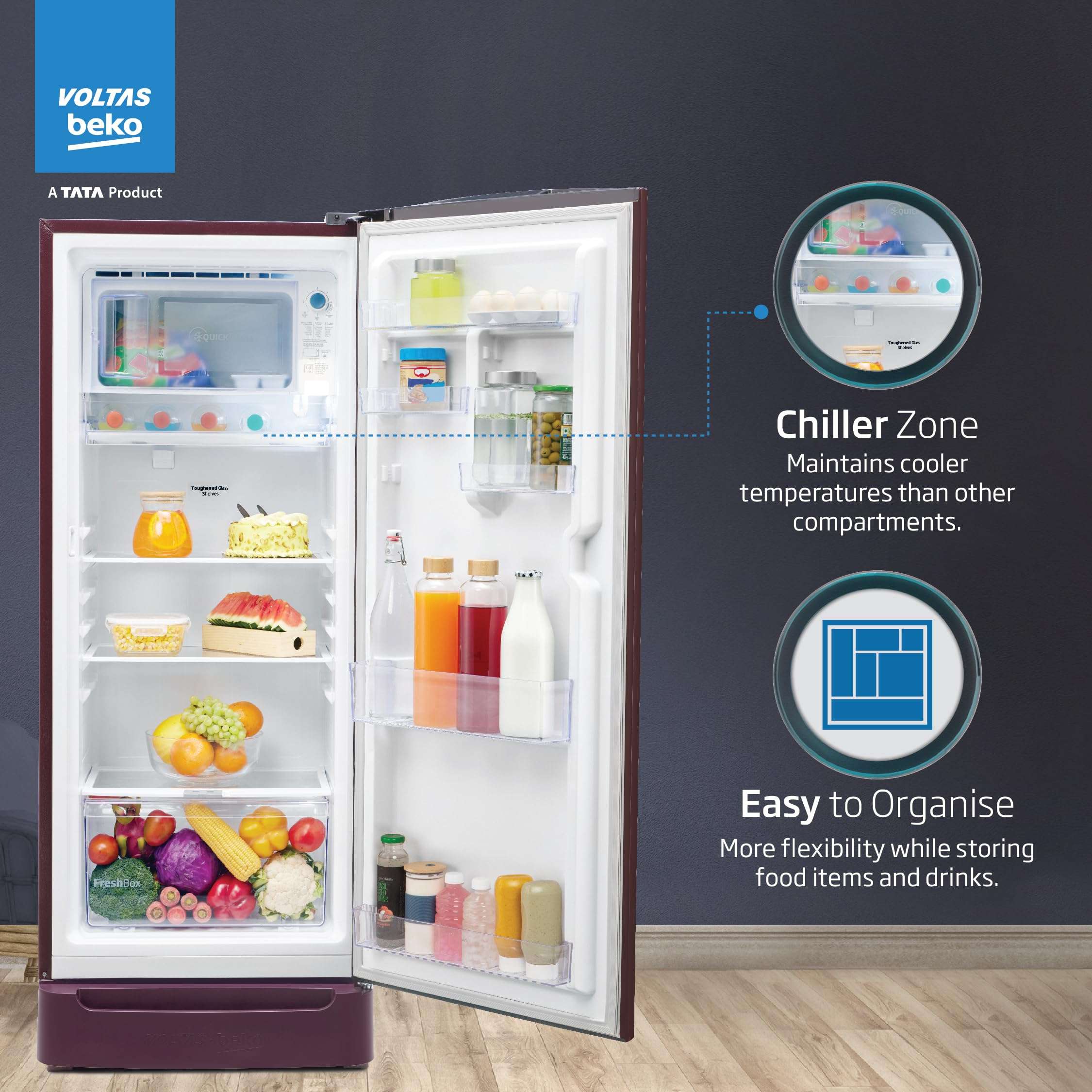 Voltas Beko, A TATA Product 183 L 5 Star Direct Cool Single Door Refrigerator (2024 Model, RDC215A/W0BWRTM0B00GO, Bonita Wine, Fresh Box and Quick Freeze Technology, with Base Drawer) 5