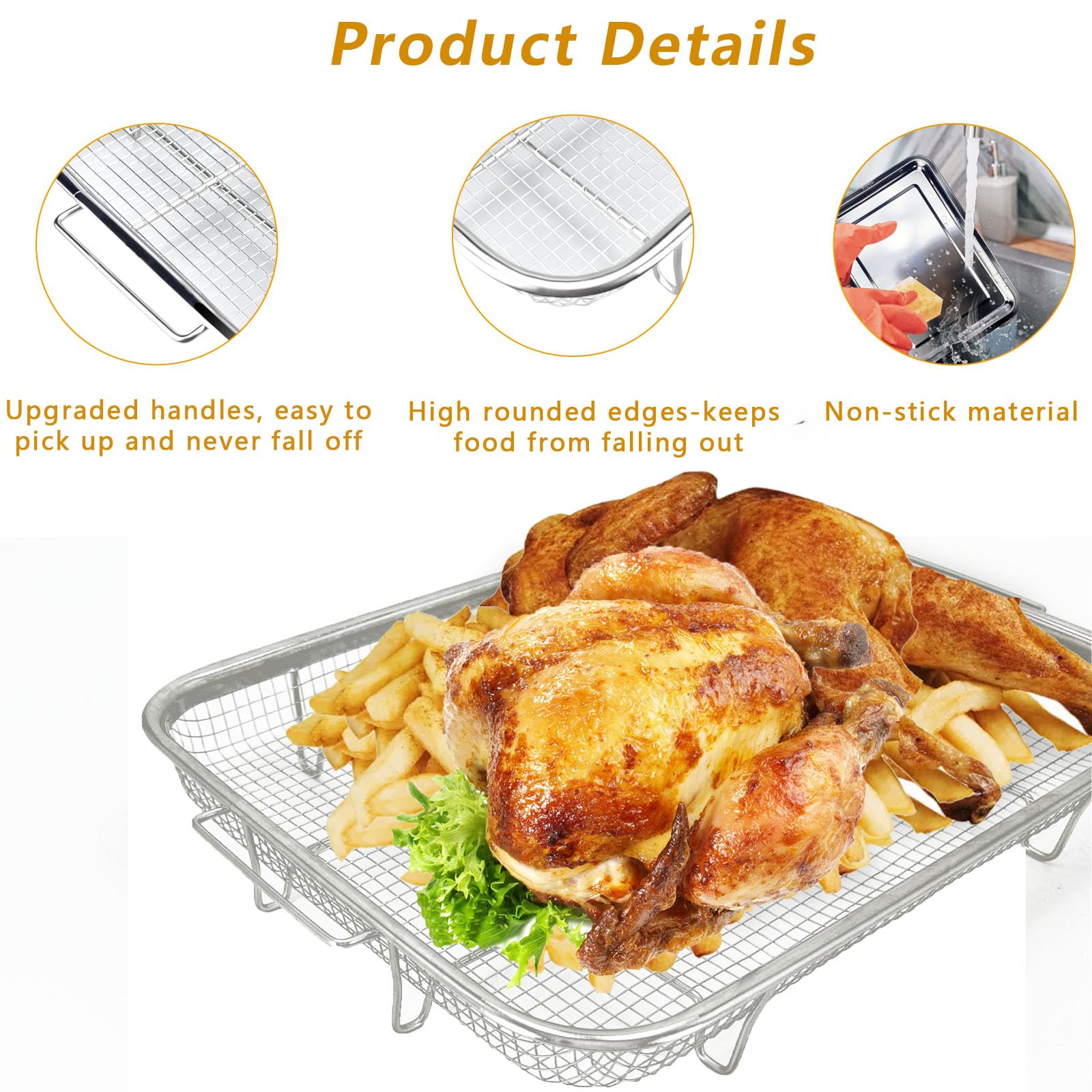 Air Fryer Basket for Oven, 2 Pieces Stainless Steel Air Fryer Baking Pans, 15.39 X 11.42 Inch Crisper Tray, Mesh Grill Basket Replacement, Airfryer Rack for Chicken, French Fry and Frozen Food 6