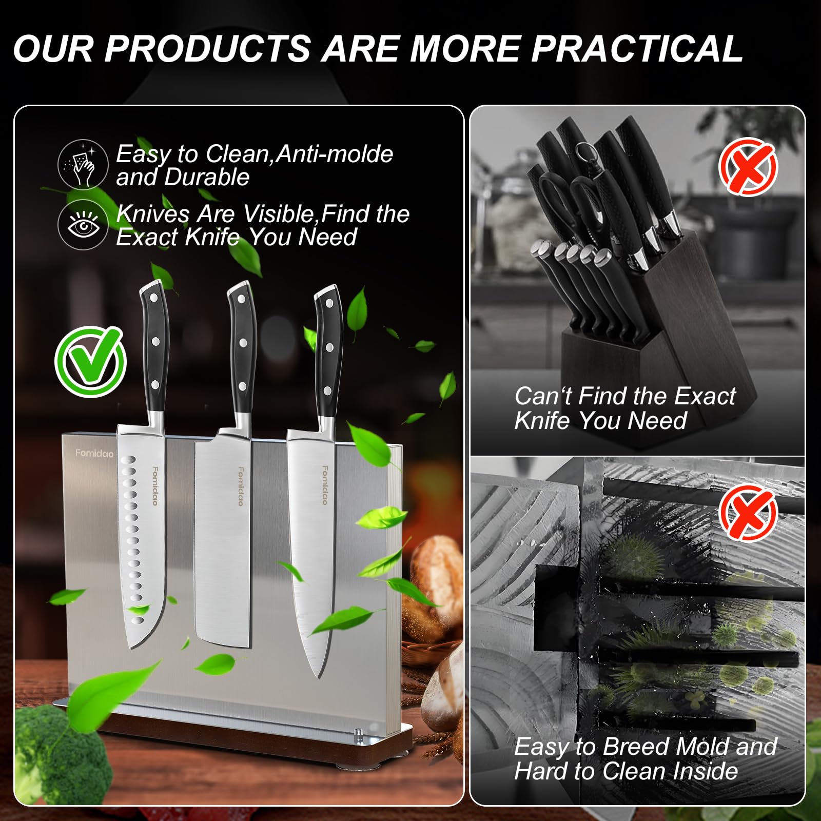 Fomidao Kitchen Knife Set with Magnetic Knife Block 4 Pieces,Double-sided Mangetic Knife Holder With High Carbon Stainless Steel Knife Set,Professtional Kitchen Chef Knives Set With Block 3