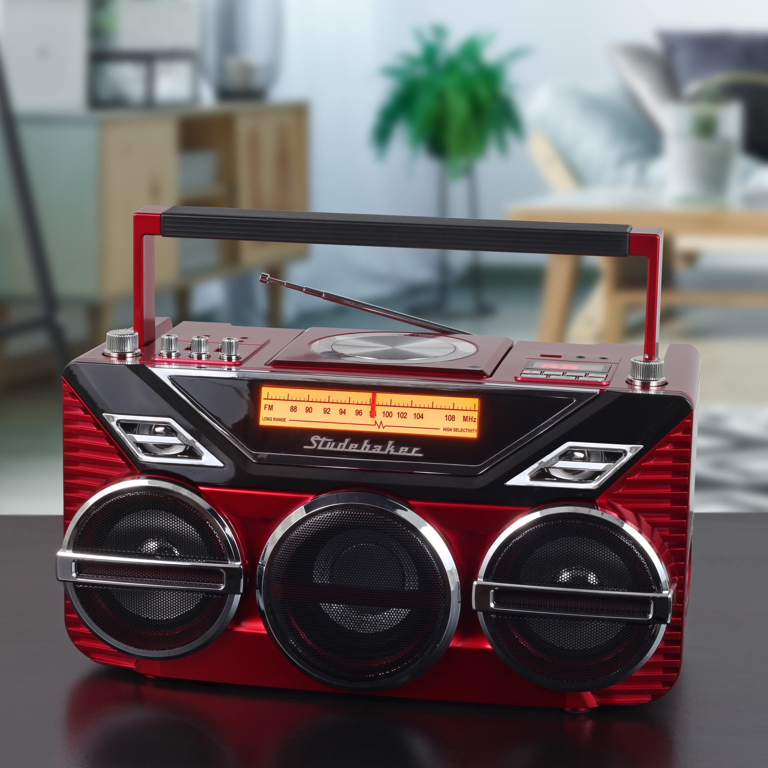 Retro Studebaker Avanti Stereo Boombox with CD, FM Stereo Radio, Bluetooth Receive and Transmit, LED Light Show and 15W Subwoofer for High Power Bass (Red) 5