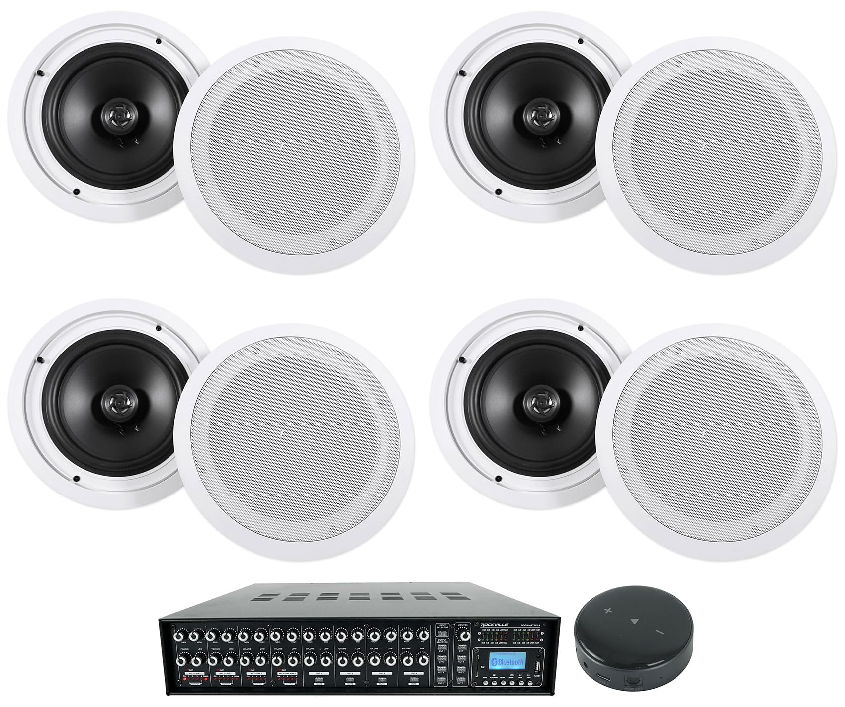 Rockville (1 Rock Matrix 4 Zone Commercial Amplifier+Matrix Source Routing Bundle with (8) HC85 8" Inch 700 Watt in-Ceiling Home Theater Speakers + (1) Mini WiFi Receiver (6 Items)