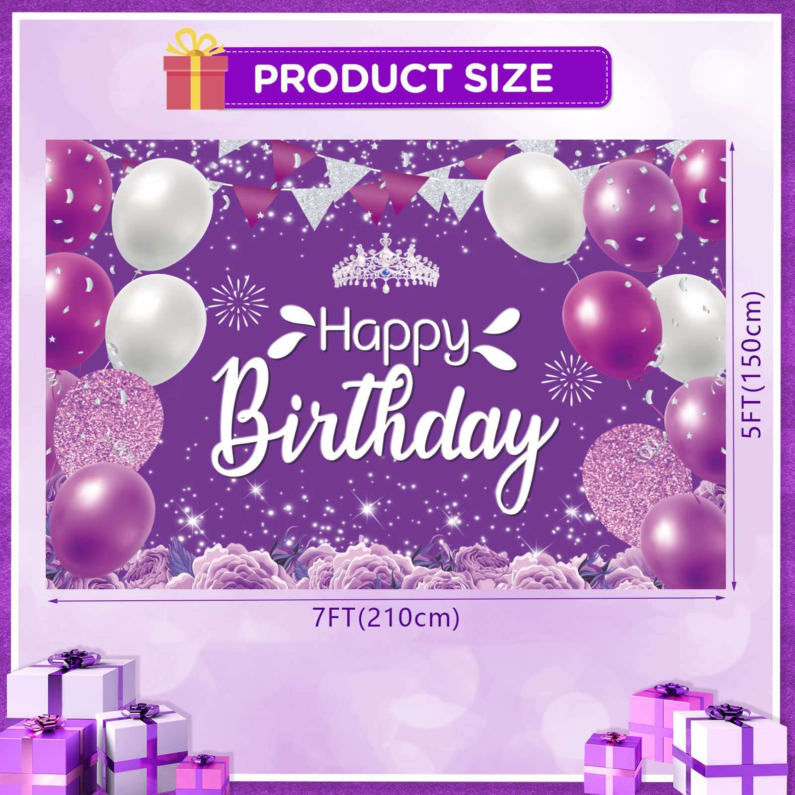 Purple Happy Birthday Backdrop Purple Silver Birthday Sign Purple Silver Birthday Party Banner Decor Purple Silver Birthday Backdrop for Women Girl Birthday Party Celebration (7x5ft) 3