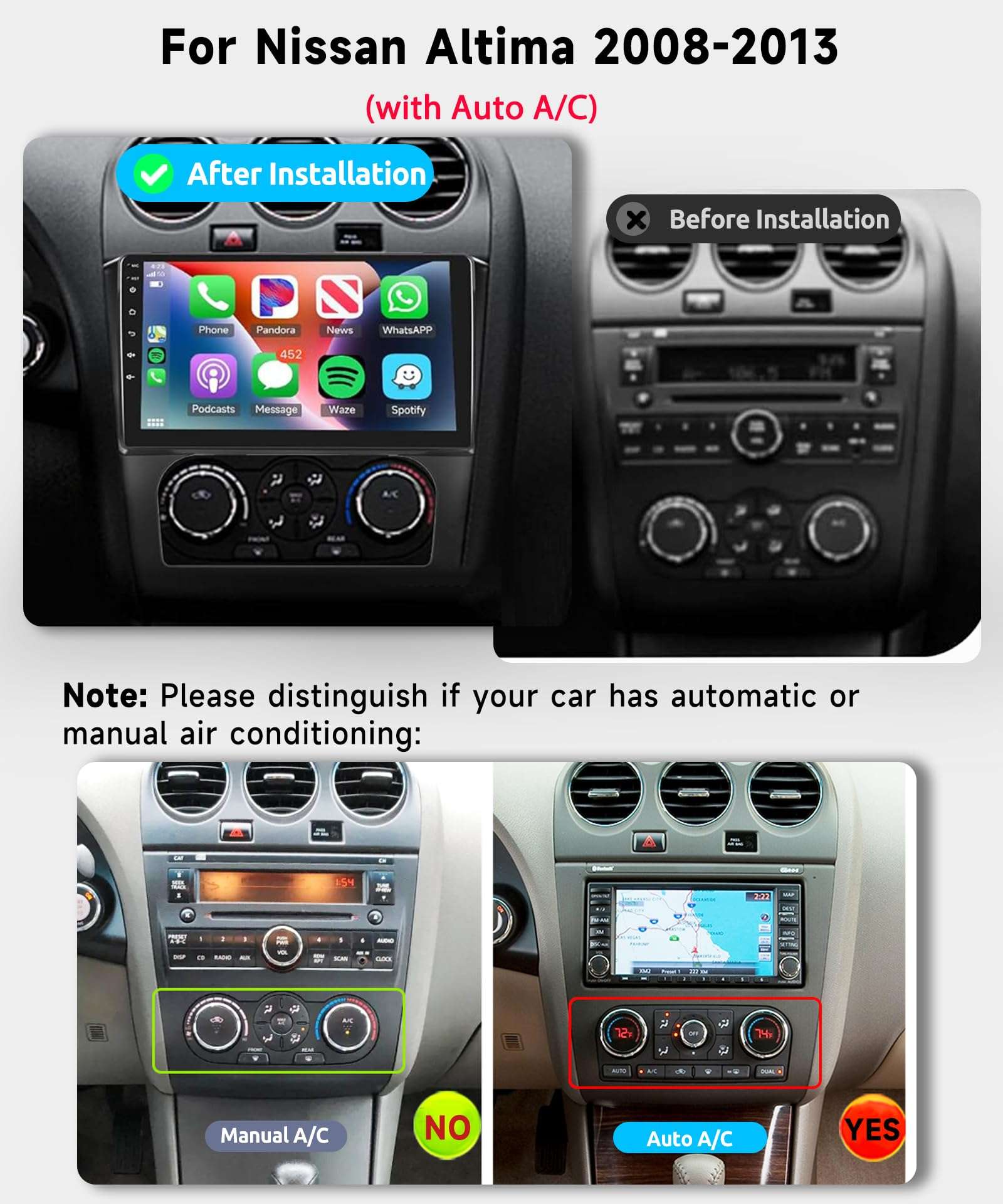 8 core 6G+128G Radio for Nissan Altima 2008 2009 2010 2011 2012, Wireless Carplay Android Auto Car Stereo, 9” 1280 * 720 IPS Touchscreen with WiFi, GPS, Bluetooth,FM/RDS, 32EQ DSP, Rear Camera 2