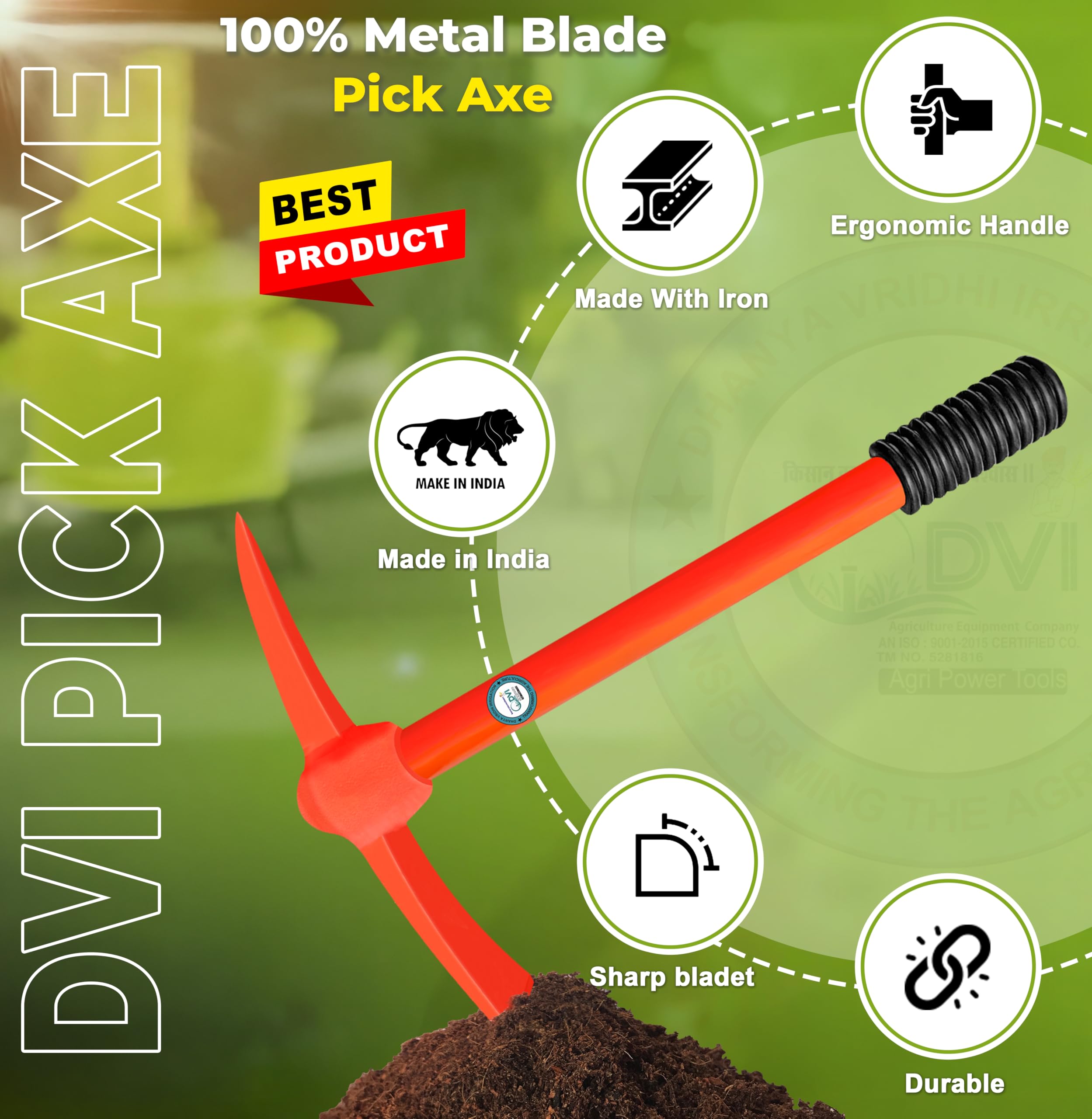 DVI Garden Hoe with HDPE Handel Material | Heavy-Duty Iron Mini Pick Axe I Hoe I Gardening Tool I Digger I Cultivator I Durable | Set of 1 | Multicolour | 6