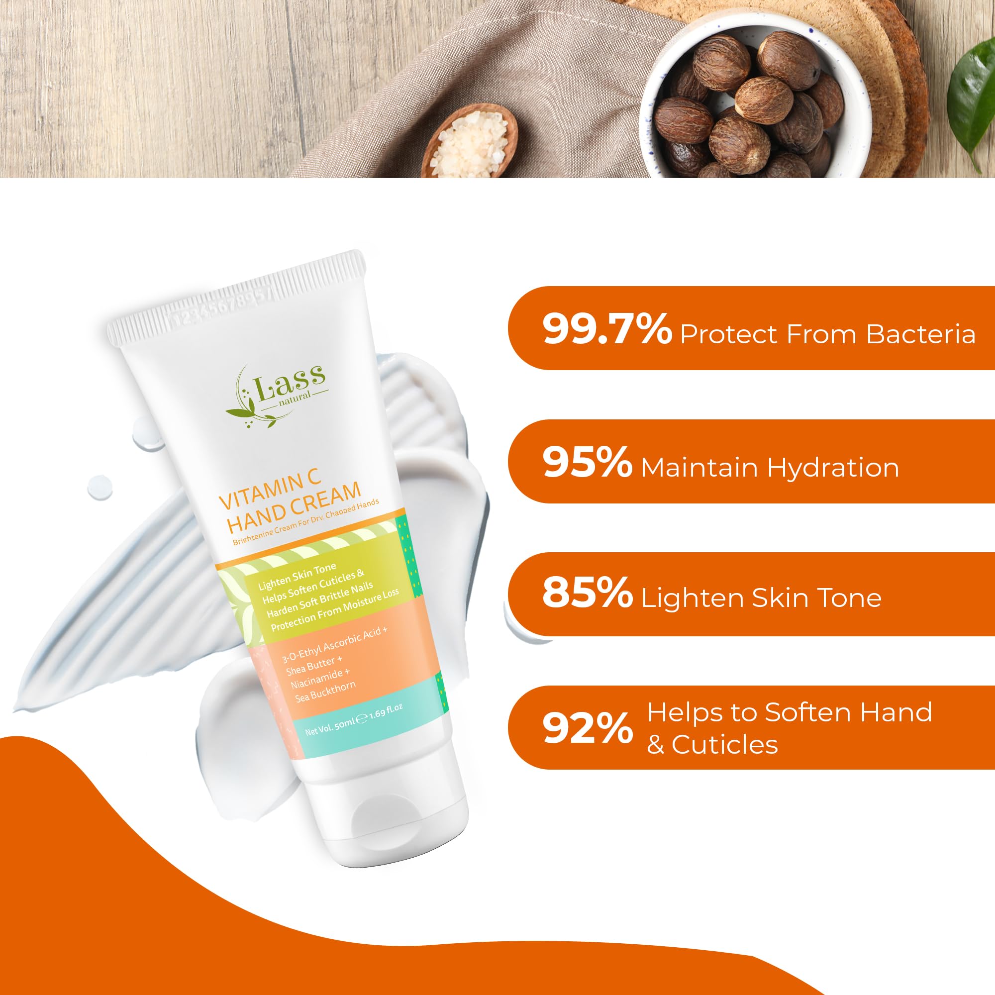 Lass Natural Vitamin C Hand Cream with Shea Butter, Niacinamide - 50gm for Women and Men | Helps in Soften Cutilcles for Dry and Rough Hands | For Brightening, Moisturising & Soften Brittle Nails 6