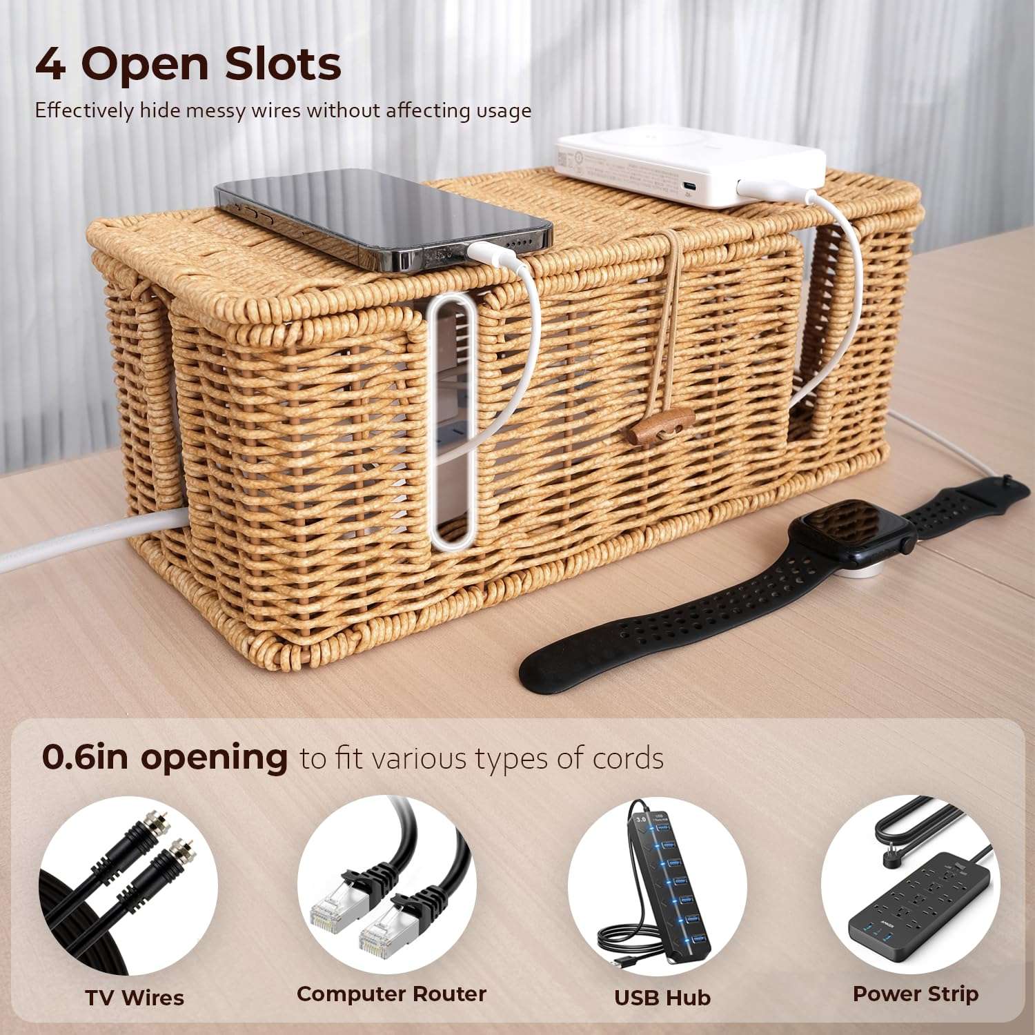 Limogoo Cable Management Box, 4 Open Slots Cords Hider with Lid and Fixable Strap, Imitation Rattan Organizer for TV Wires, Computer Router, USB Hub, Power Strip 3