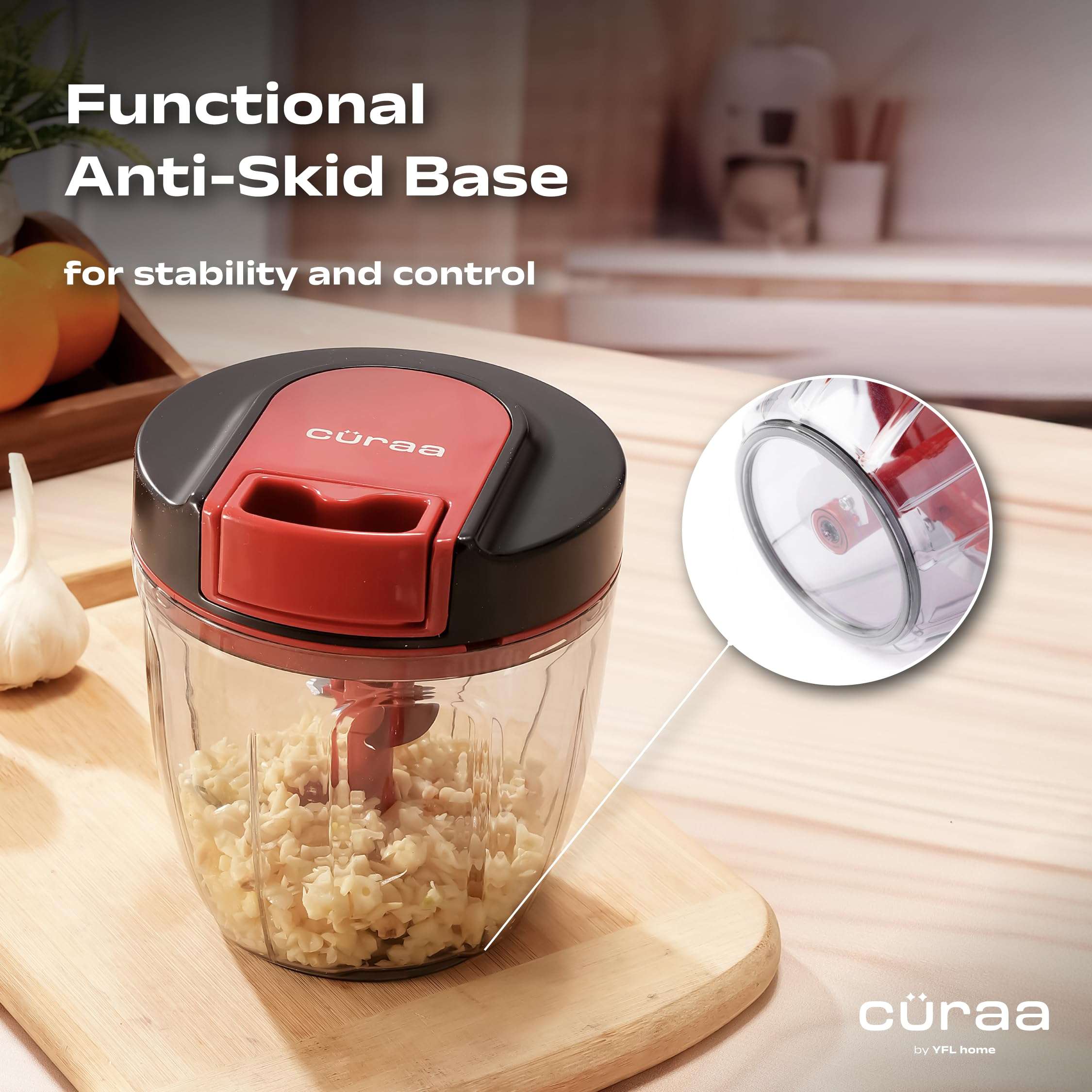 Cüraa ChopLab Lite Manual Chopper | 900 ml Portable Vegetable Chopper| Mini Chopper for Kitchen with Stainless Steel Blades for Chopping Onion, Ginger, Garlic, Vegetables, Herbs, Nuts | Red 6