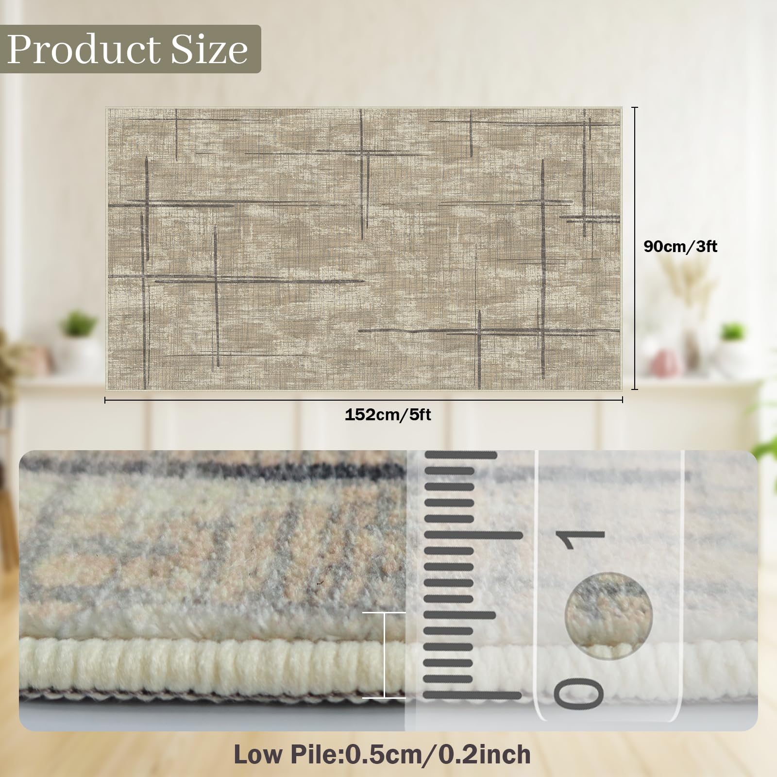 3'x5' Modern Area Rug for Living Room Non-Slip,Machine Low-Pile Throw Soft Washable Area Rugs,Khaki Rug for Bedroom Kitchen Dining Room Laundry 2