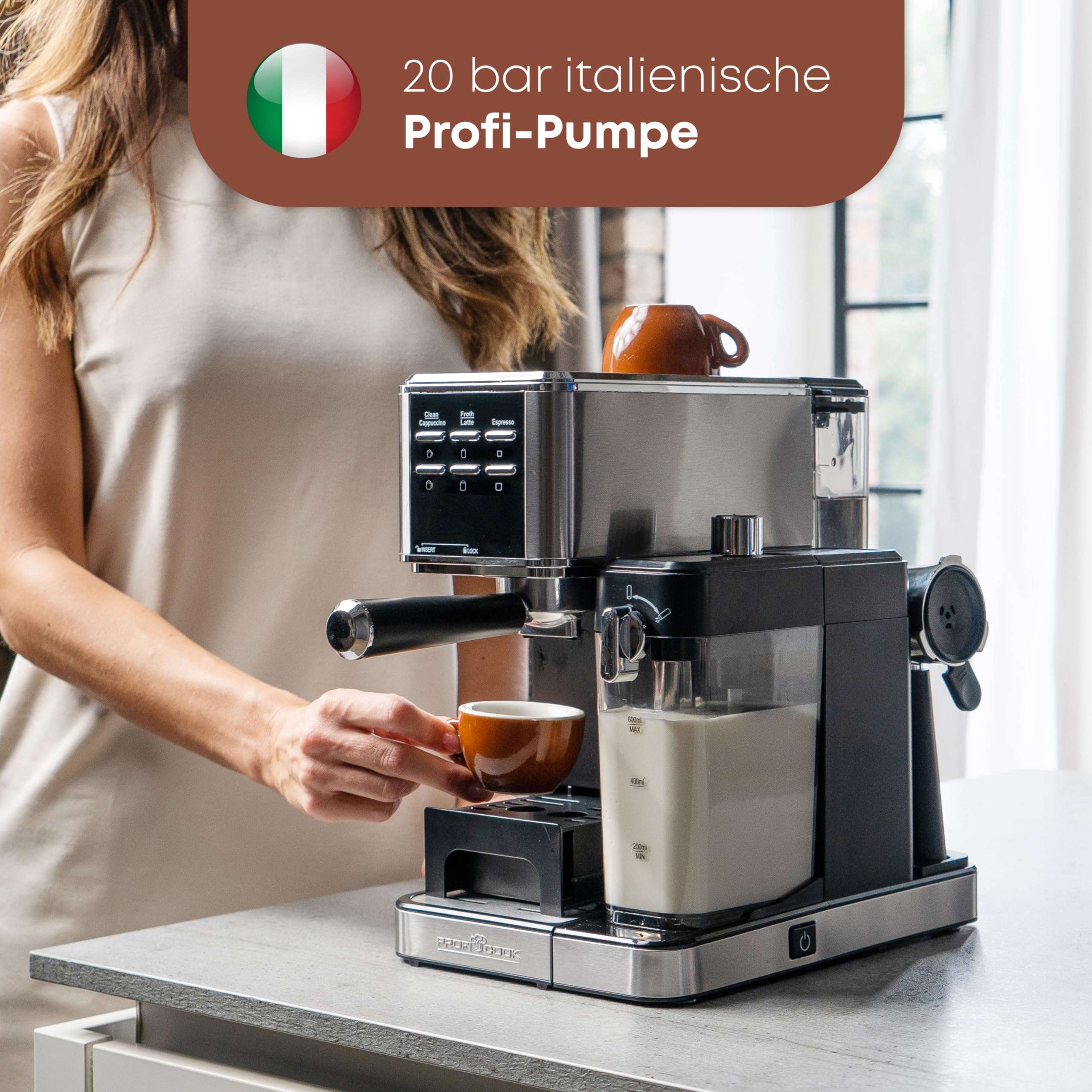 ProfiCook® 2 in 1 Espresso Machine for Powdered Coffee and Nespresso Compatible Capsules – 20bar Filter Holder – with Milk System for Latte and Cappuccino – Filter Holder Included – PC ES 1266 4
