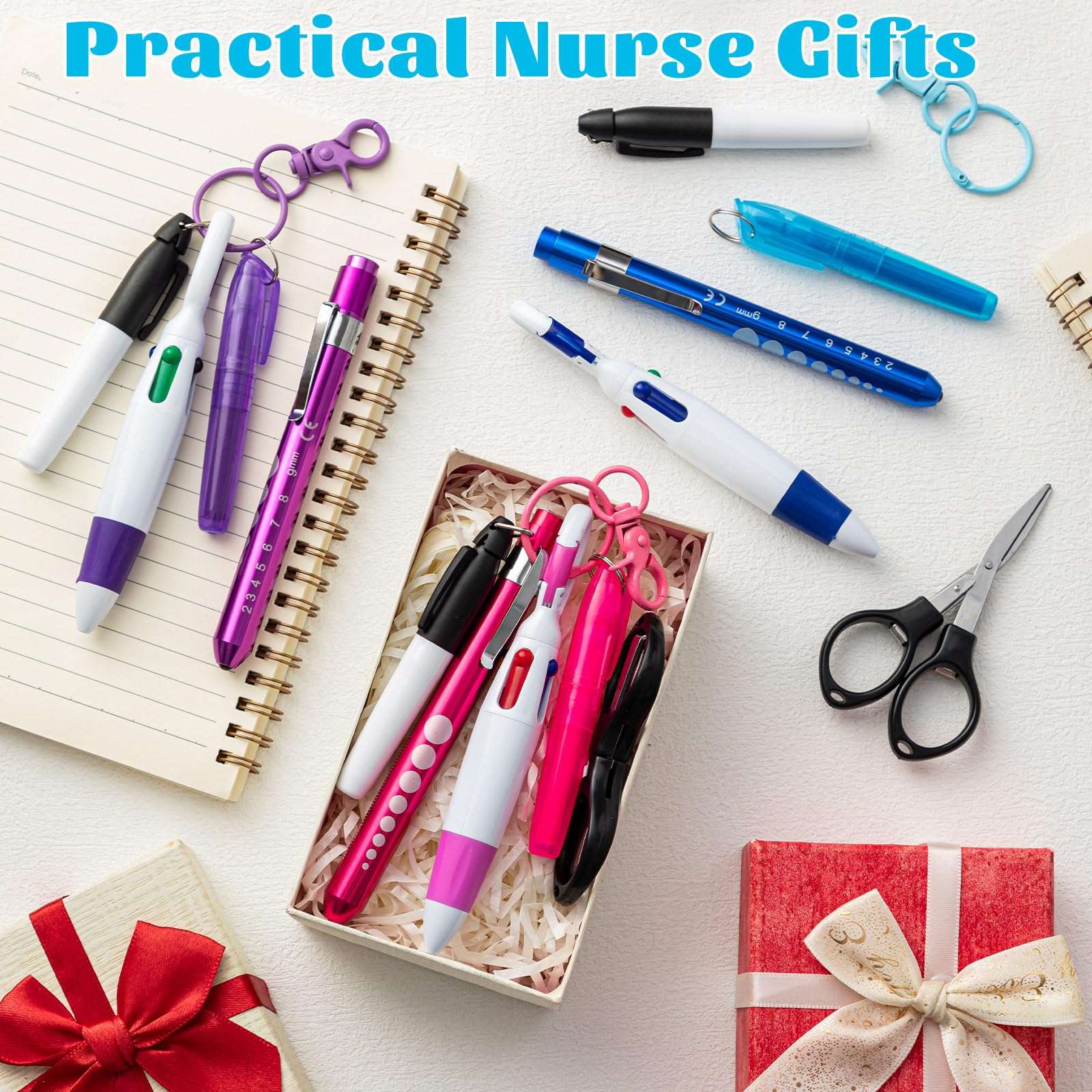 KFPPLXQ 36 Pcs Nurse Pens Set Include Multiple Colors Tip Permanent Marker Flashlight Pen Retractable Ballpoint Pens Foldable Scissors with Nursing Keychain Clip for Nurse Gift 6