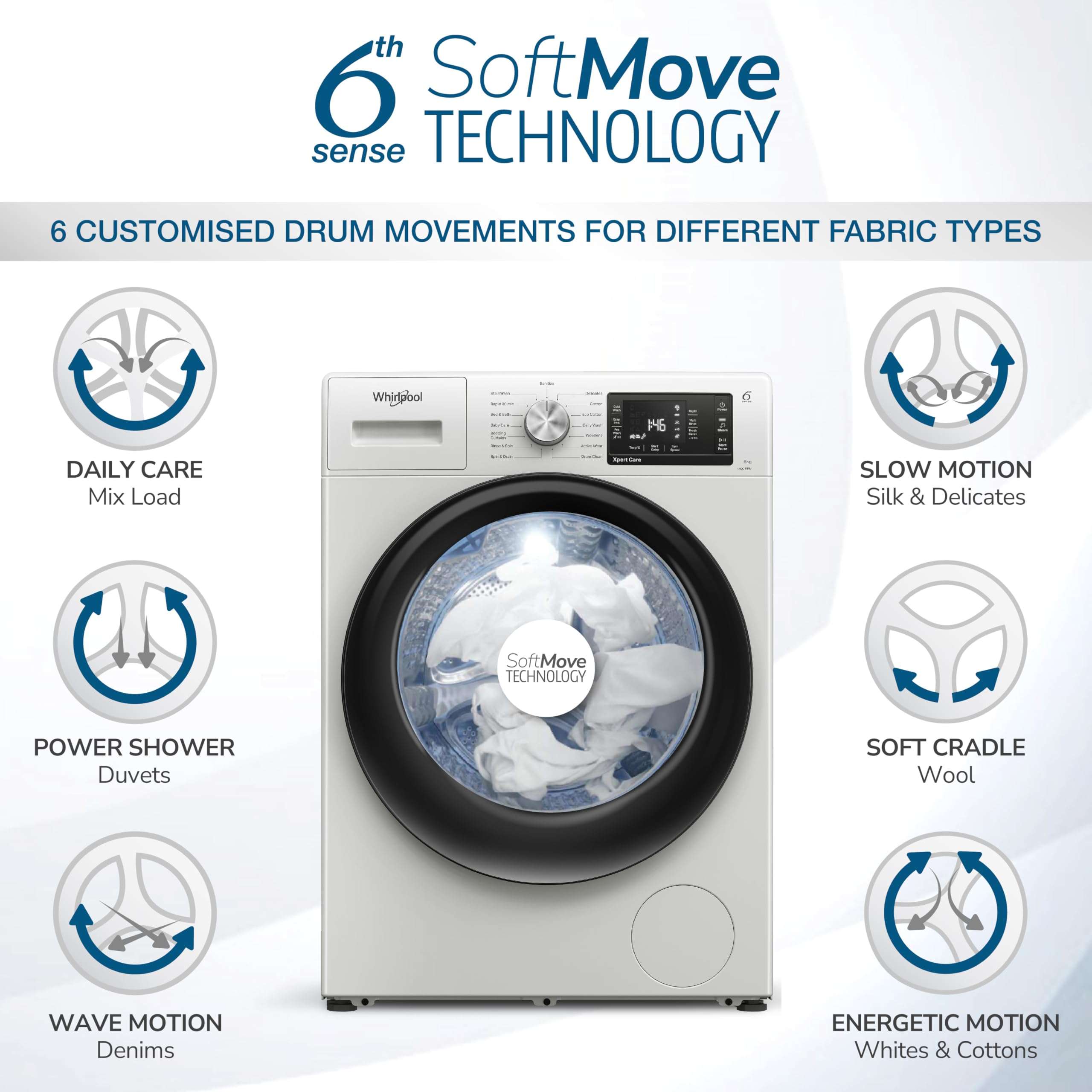 Whirlpool 8 Kg 5 Star Inverter Front Load Fully Automatic Washing Machine with In-Built Heater (XS8014BYW52E, Crystal White, 100+ Tough Stains, Steam Technology, 6th Sense Soft Move, 2024 Model) 3