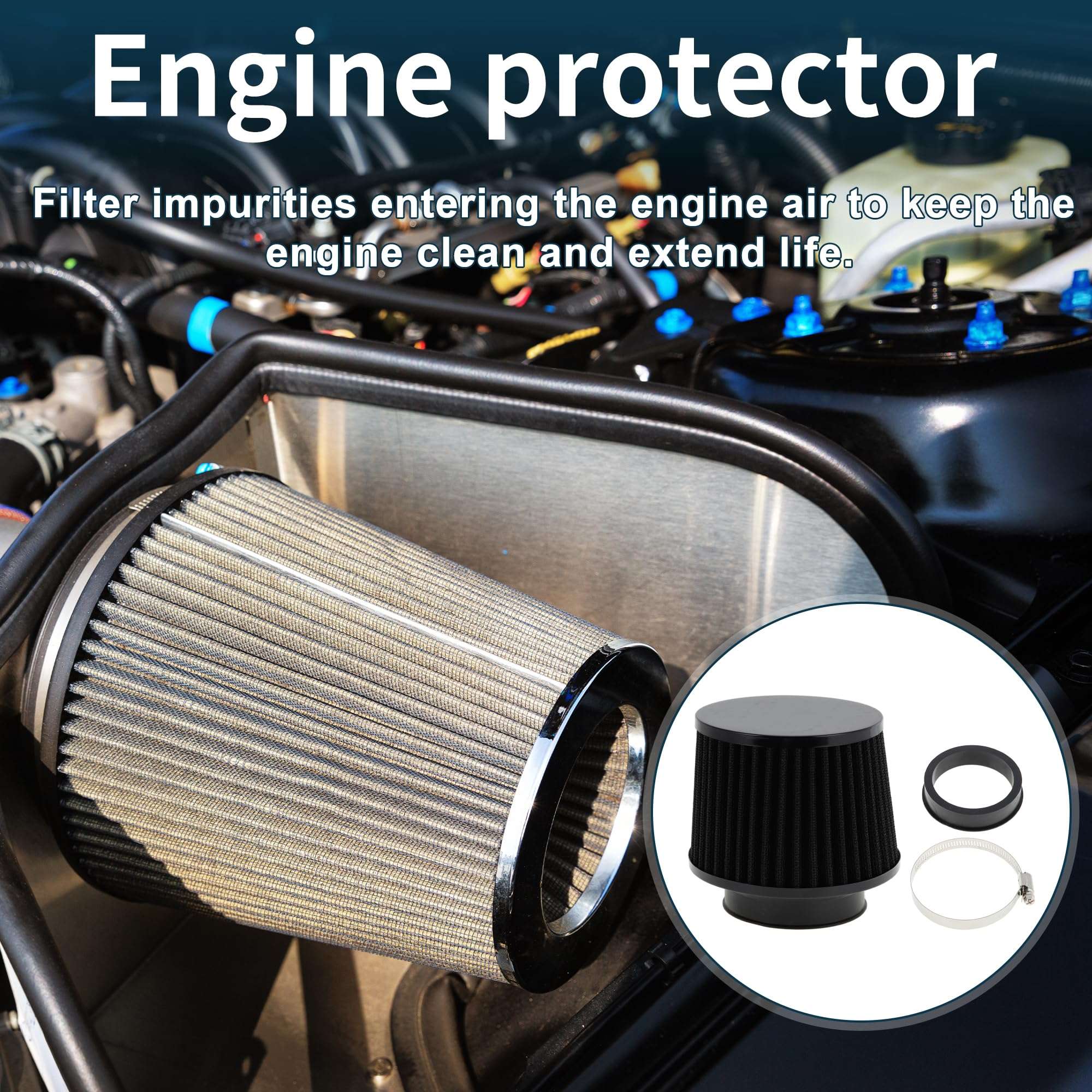 TUCKBOLD Engine Air Filter 76mm/63mm High Flow Cylinder Clamp-On Cold Air Intake Filter Closed-Top Cool Air Filter Cleaner 1 Clamp, 1 Adapter Black for Car 3