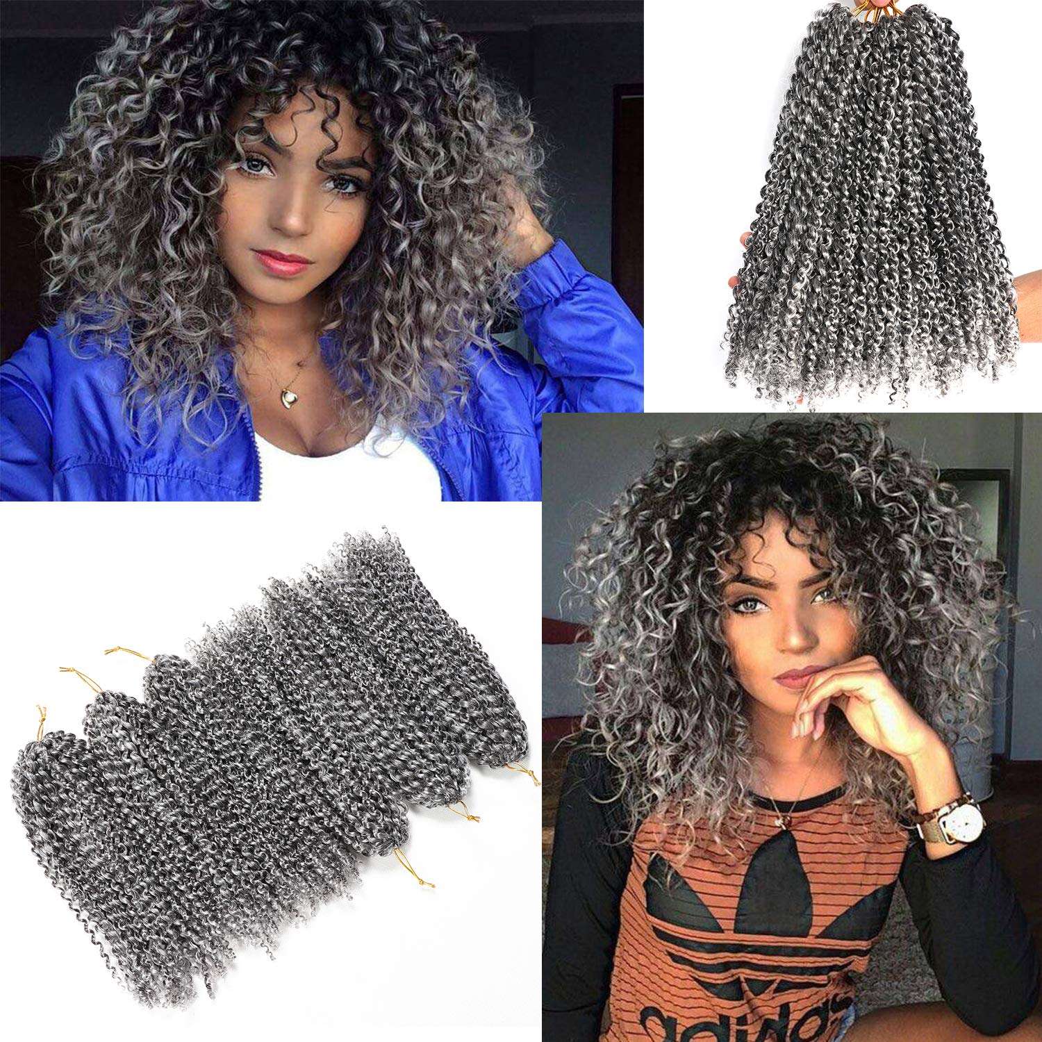 Lifabeauty Gray: 12 Inch Marlybob Crochet Hair 6 Small Packs/Lot Crochet Braids Jerry Curly Hair Extensions 20 Strands 40G/Pack (Gray) 2