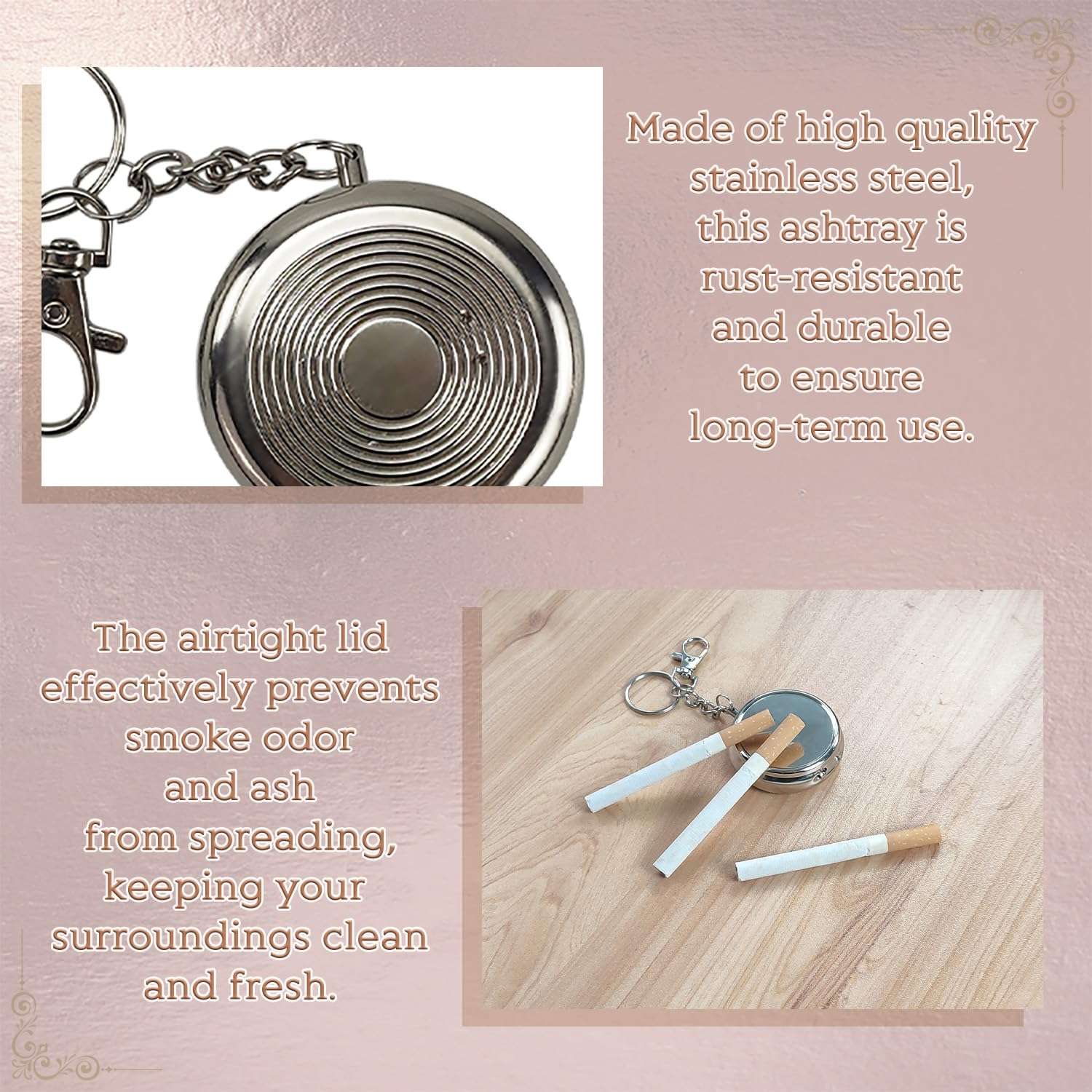 BOROLA Portable Mini Metal Ashtray with Keychain, Pop-Up Design Stainless Steel Pocket Ashtray with Lid and Cigarette Snuffer, Compact Travel Ash Holder for Outdoor, Car and Home Use 4