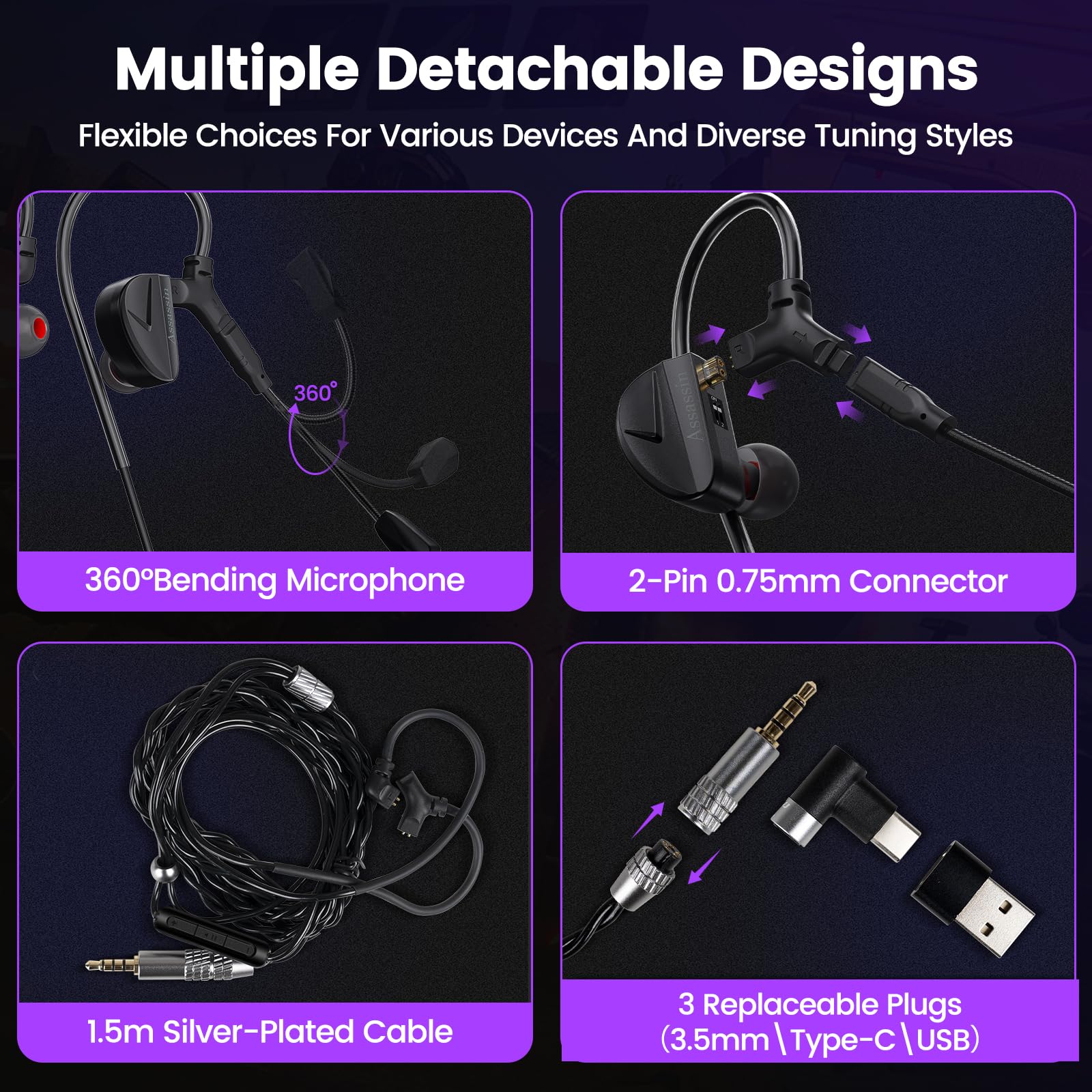 Aitalk Wired Gaming Earbuds, in-Ear Monitor Headphones, HiFi E-Sport Headset, Hybrid IEM Earphones with 3.5mm Type-C/USB for PC, Mobile, MacOS, PS5, Xbox,Switch - Gamer Audiophile Musician (with Mic) 4