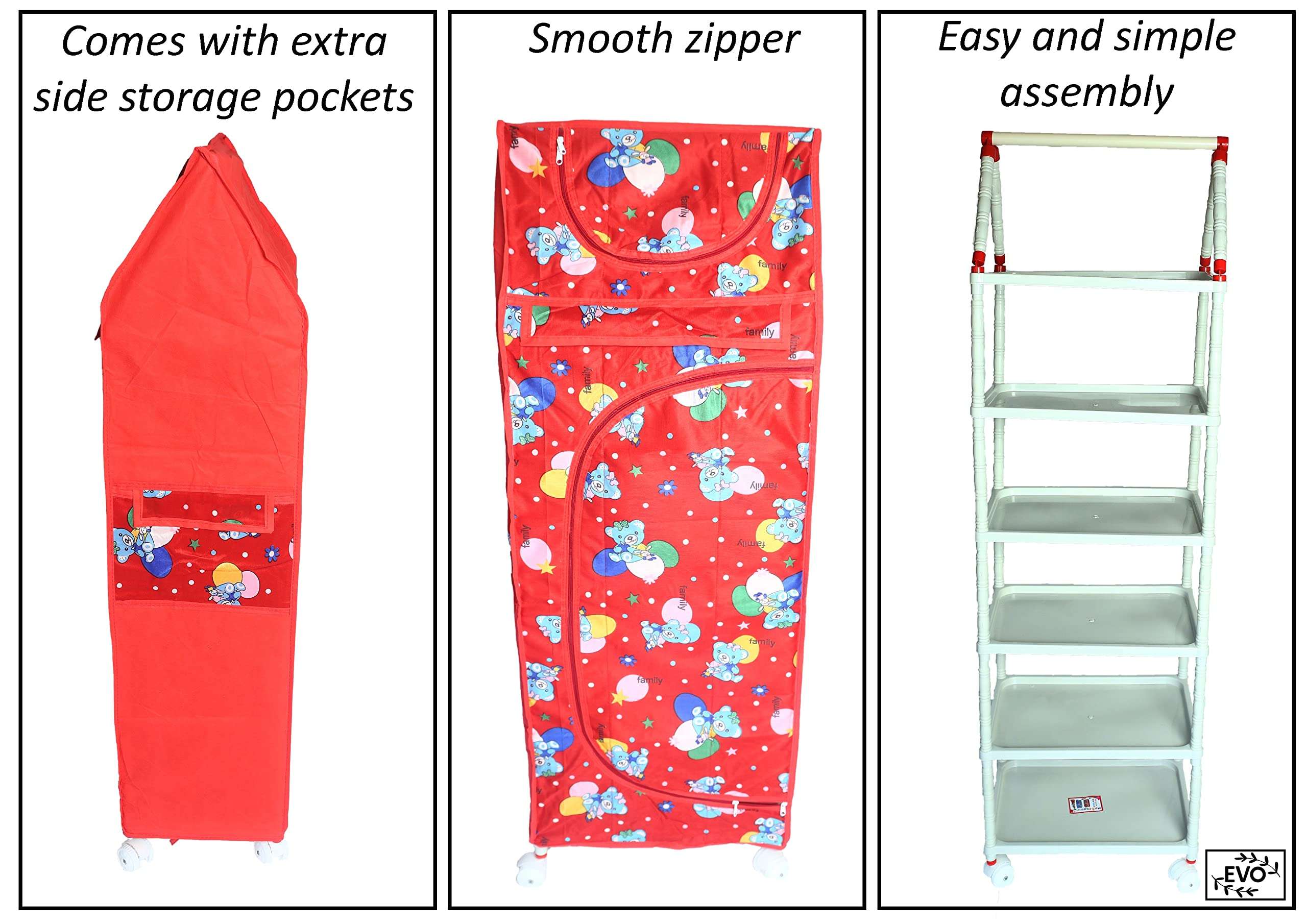 Evoshine® Colorful Design Cotton 6 Cabinet Hanging Baby Almirah, Kids Wardrobe, Cloth Organizer, Folding Almirah, Toy Box (Red) 4