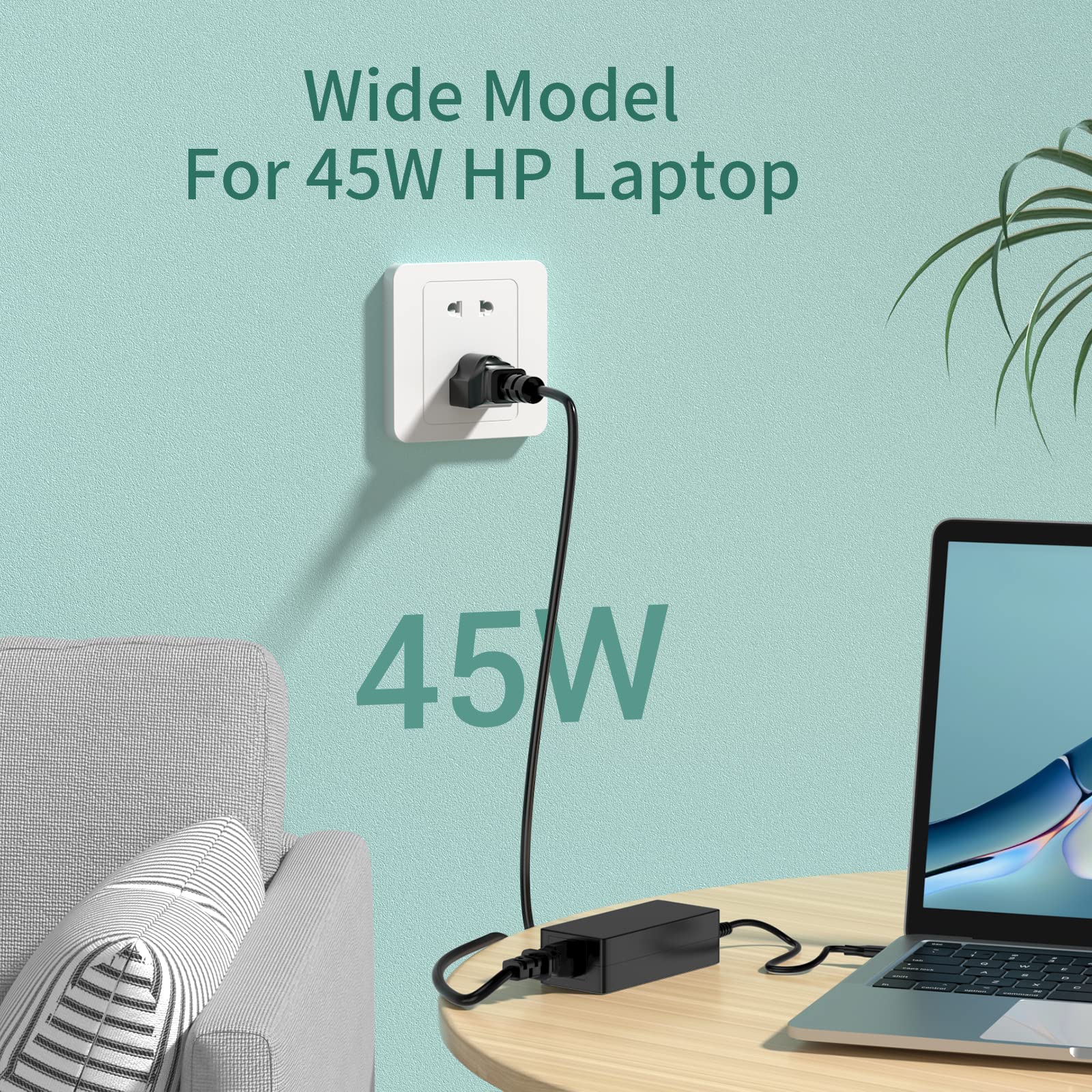 Slim USB C Laptop Charger 45W 65W Replacement for HP Spectre X360 Chromebook Envy Zbook Elitebook Elite X2 Type C Travel AC Adapter Computer Tablet Power Fabric Cord Flat Tip 2