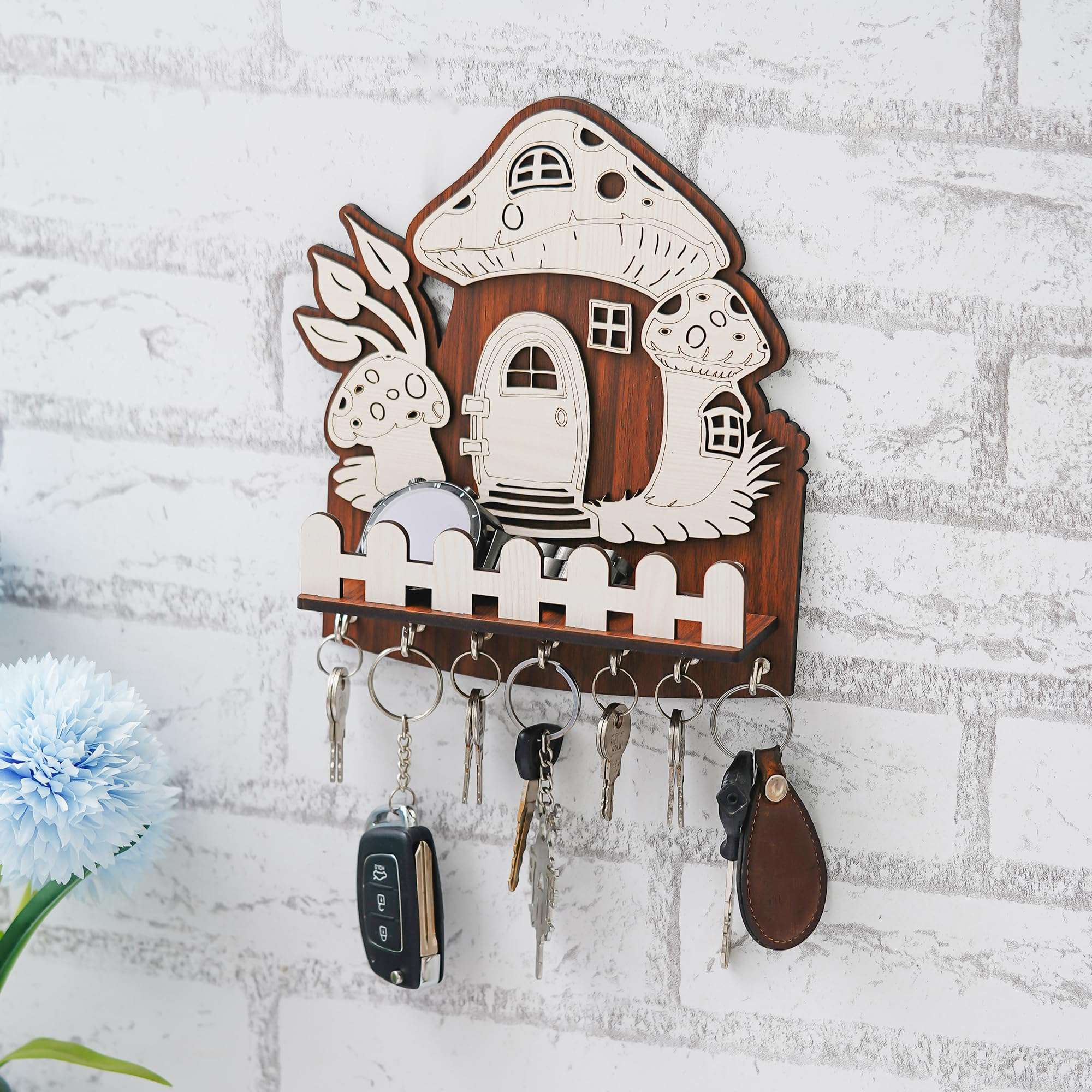 Webelkart Premium Wooden Mashrom Designer Key Holder for Home and Office Decor | Key Holder for Wall Decor |Key Hanger with Showpiece Stand - Diwali Decorations Items for Home (8.5" Inches) 3