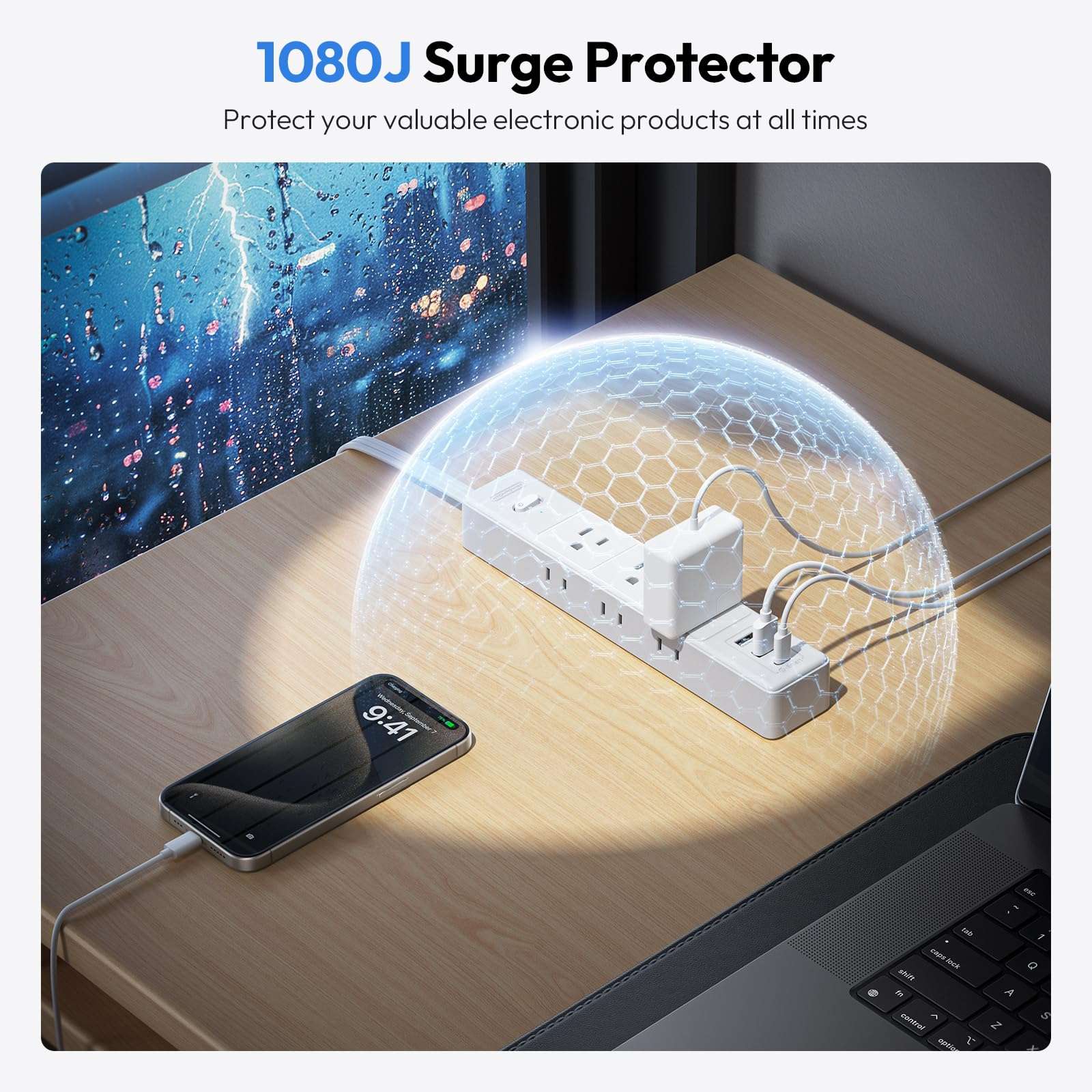 NTONPOWER Flat Extension Cord 25ft, 1080J Surge Protector, 13A / 1625W Overload Protection, Ultra Thin Flat Plug Extension Cord, 6 Outlets 2 USB-A & USB-C + NTONPOWER Pink Extension Cord 10 ft 5