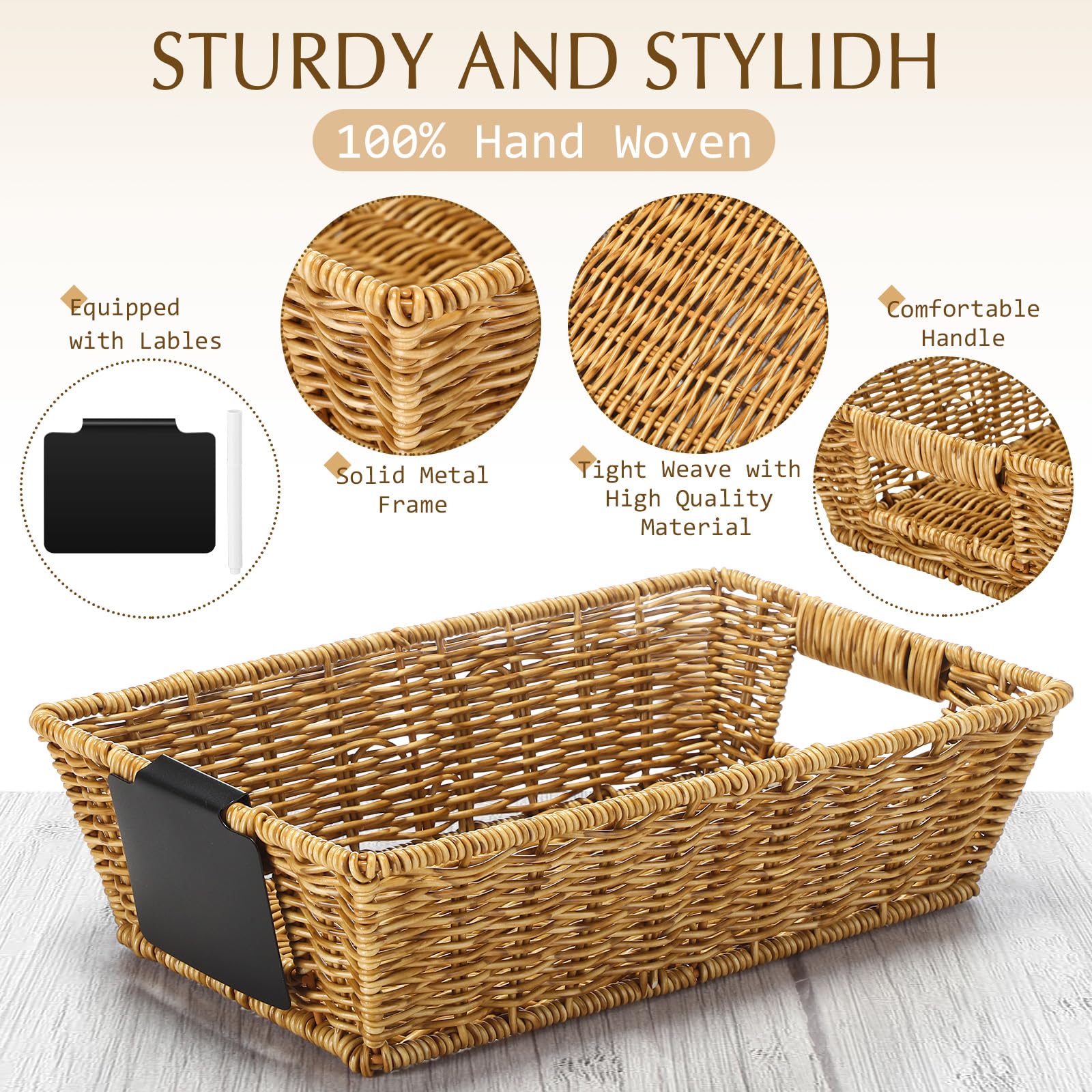 Marsui Wicker Storage Baskets with labels Set Of 9 Handwoven Multi-size Brown Storage Bins For Organizing Small Baskets Container with handle for Shelves Closet Baskets Pantry Toilet(Primary Colour) 4