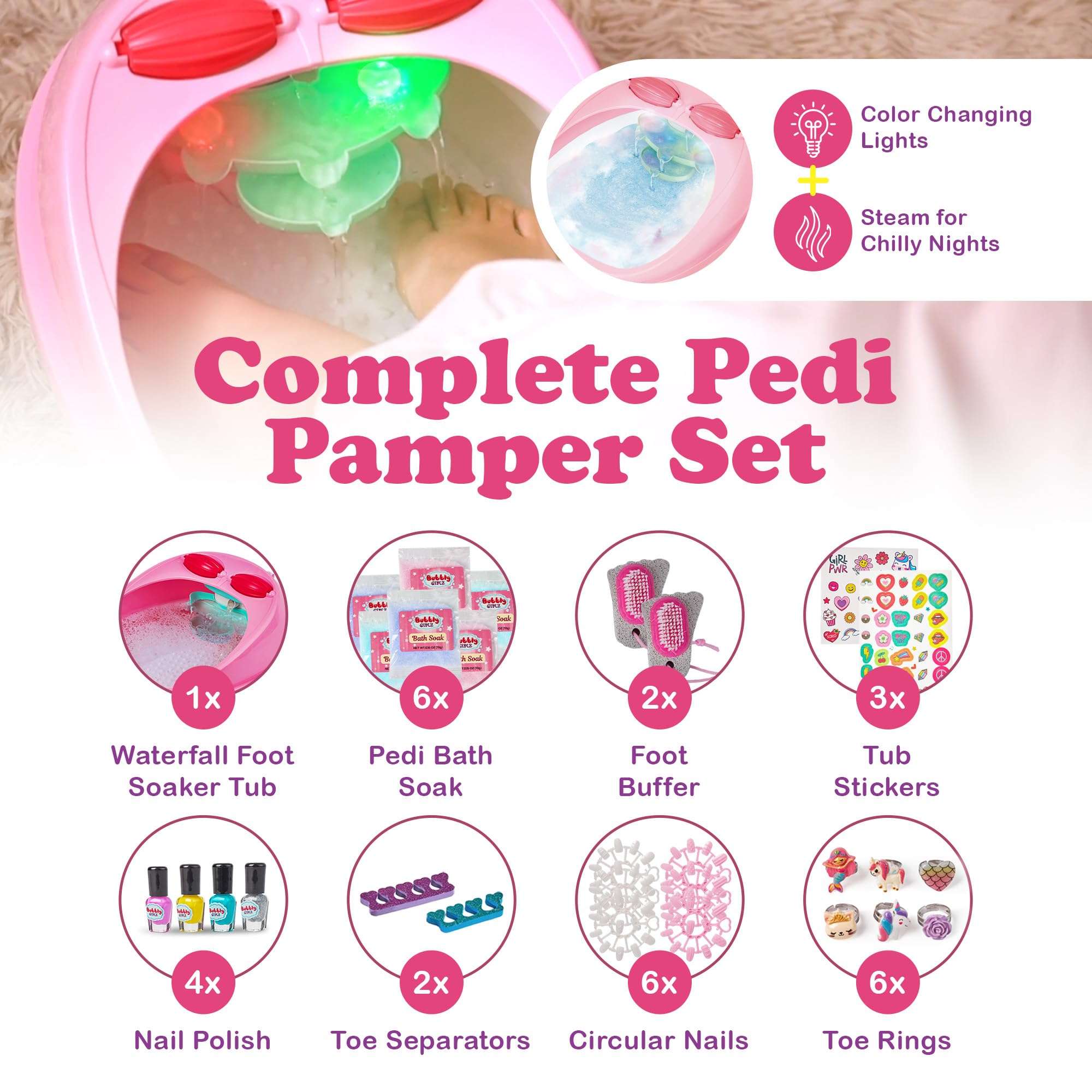 Kids Spa Day Kit for Girls - 42+ Piece Set with Waterfall Foot Spa - Perfect Spa Kit for Girls Ages 5+, Fun Pedicure and Party Supplies, Ideal for Girls Ages 6 7 8 9 10-12, Christmas Gifts For Girls 5