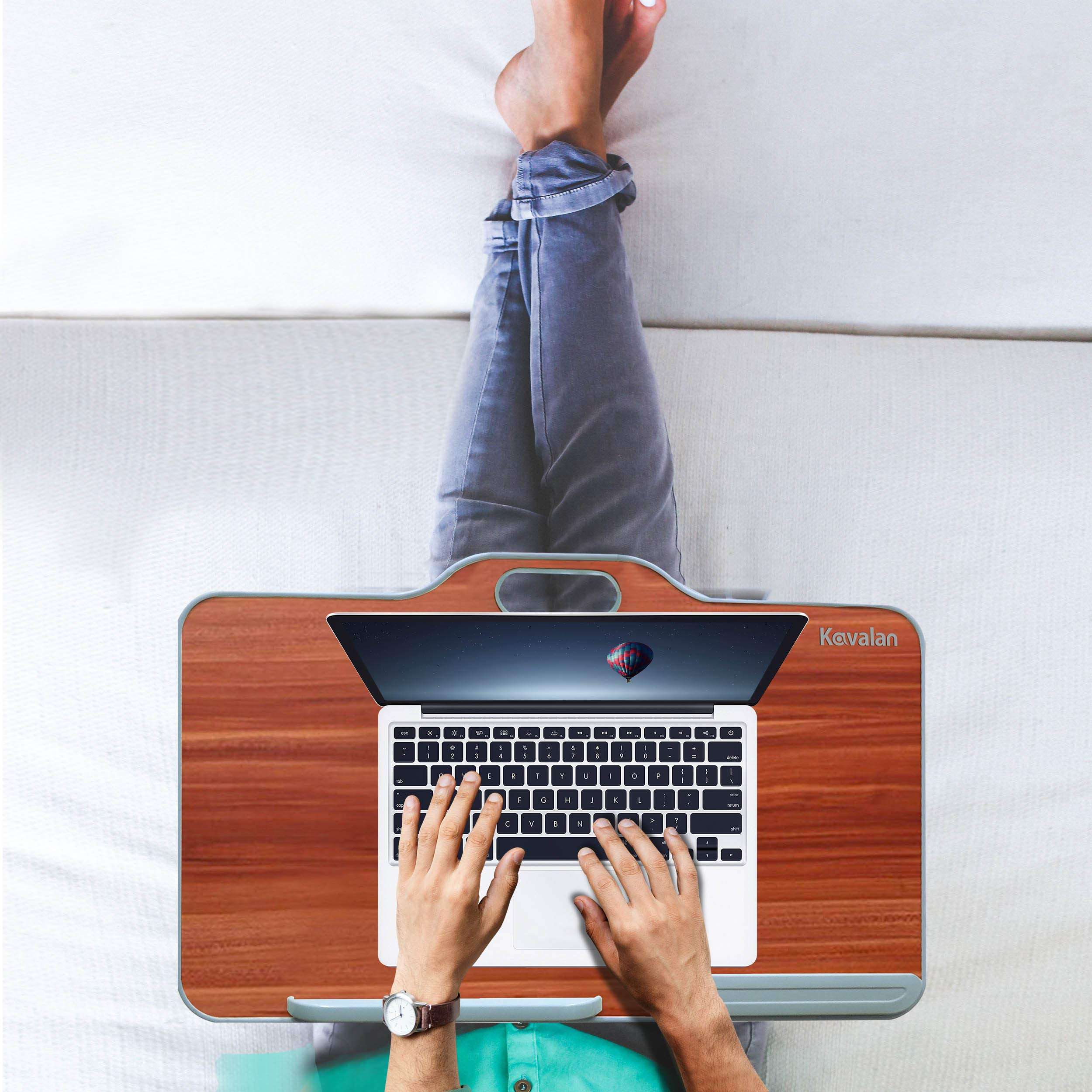 Laptop Stand, Kavalan Foldable Laptop Table w/Top Handle, Adjustable Height Desk Serving Tray on Couch, Standing Dining Table on Sofa, Ideal for Reading, Working, Studying, American Cherry/Large 5