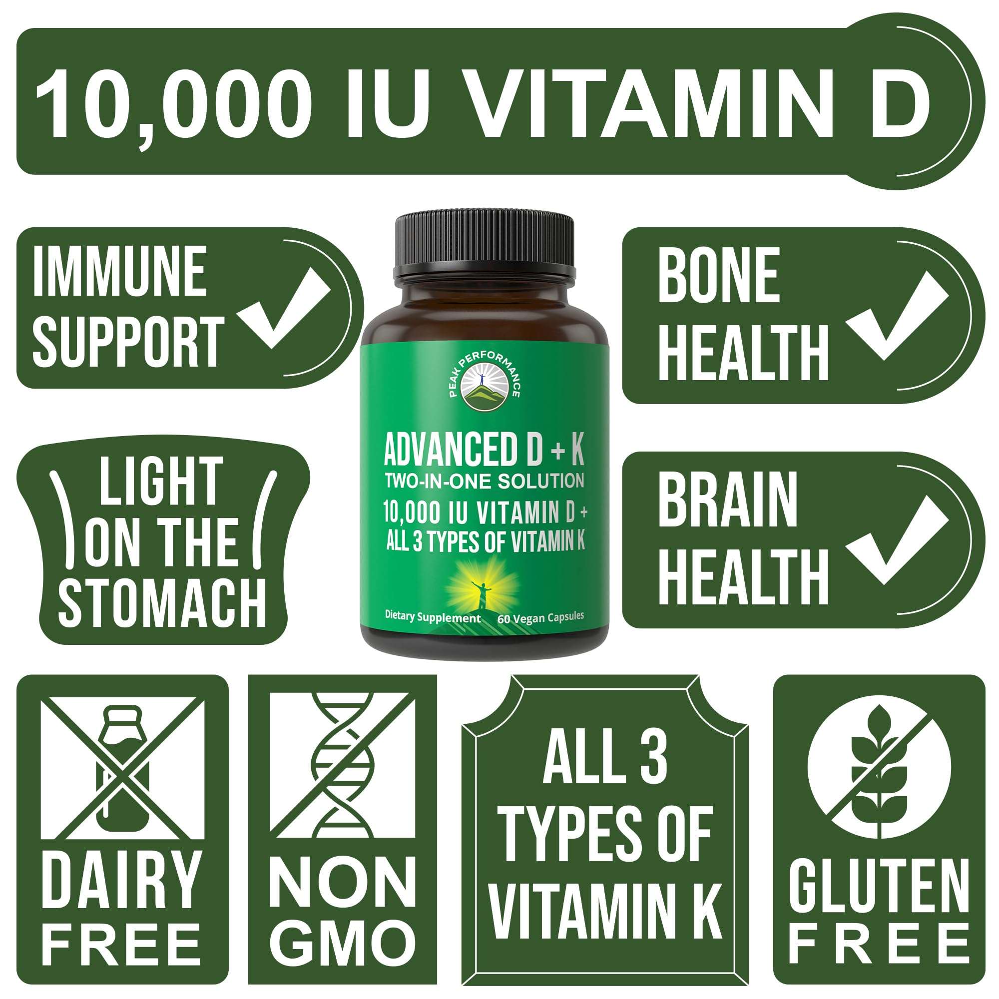 Peak Performance Advanced Vitamin D 10000 IU with All 3 Types of Vitamin K Capsules 10,000 IU Vitamin D3 and Vitamin K2, K1, MK-7 (MK7), MK4 Supplement. 60 Small and Easy to Swallow Pills 4