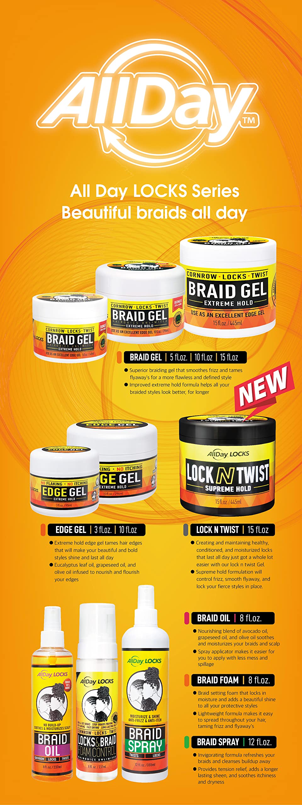 AllDay Locks Braid Gel (5 oz) & Braid Foam (8 oz) Bundle | Extreme Hold, Easy to Use, No Flaking | Style, Shine, Frizz Control for Braids, Locks, Twists, Cornrows 6