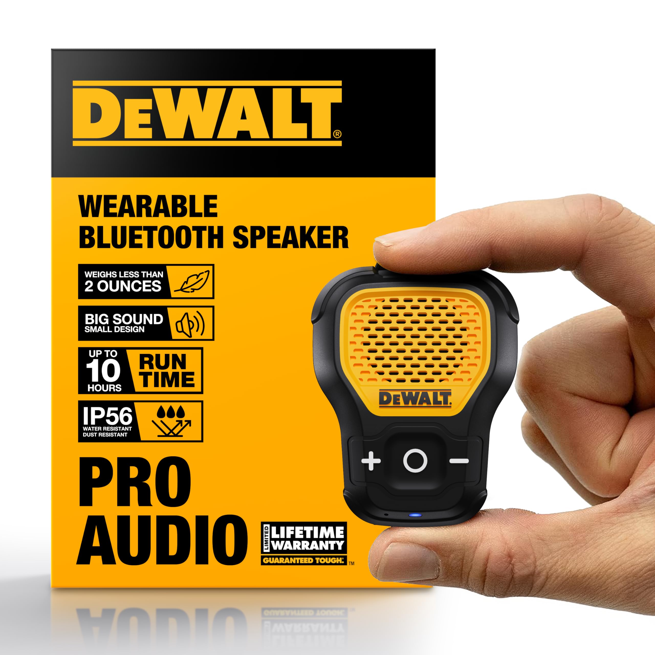 DEWALT Wearable Bluetooth Speaker (Updated Version), Clip-On Wireless Jobsite Pro Water-Resistant Portable Speaker (Non-Magnetic), Built-in Mic for Hands-Free Music/Calls, Bluetooth Speaker (Yellow) 1