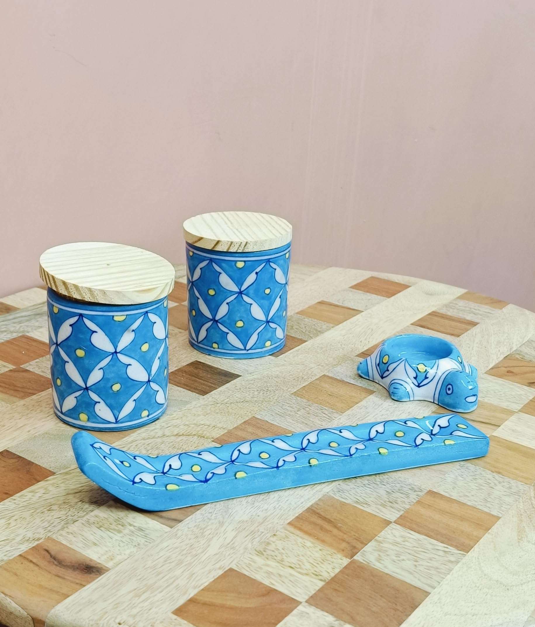 HOUSE OF GULAB Blue Pottery, 100% Handcrafted Blue Pottery with Gift Box, Eco Friendly Pottery for Kitchen & Bathroom (Sky Blue - Bhakti Set) 4