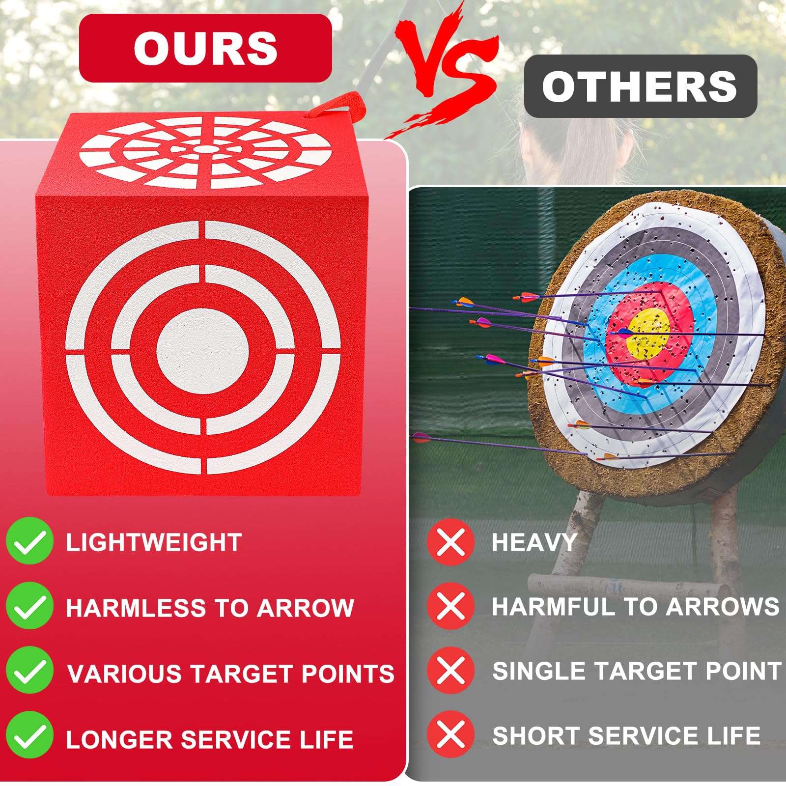 ShinyRelief Red 3D Foam Archery Target 6 Side Dice Cube Archery Target Accessories with Handle 13 x 13 x 13 Inch Lightweight Archery Block Target for Shooting Backyard Practice, Easy Arrow Removal 4