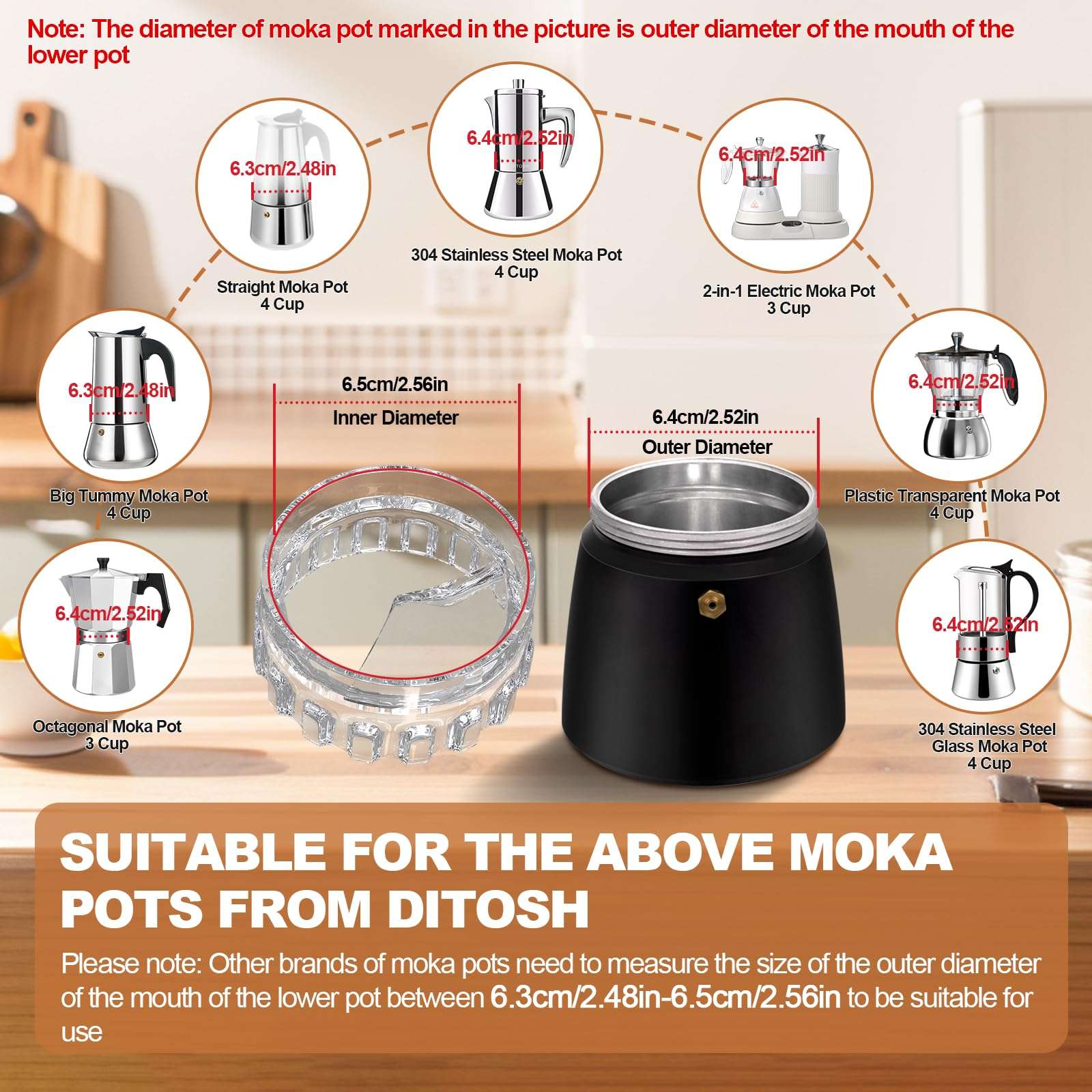 DITOSH Moka Pot Dosing Funnel Transparent Mocha Dispenser Precise Volume Control Perfect Extraction Ratio for 3 Cup Aluminum Espresso Stovetop Coffeemaker-M65mm 4