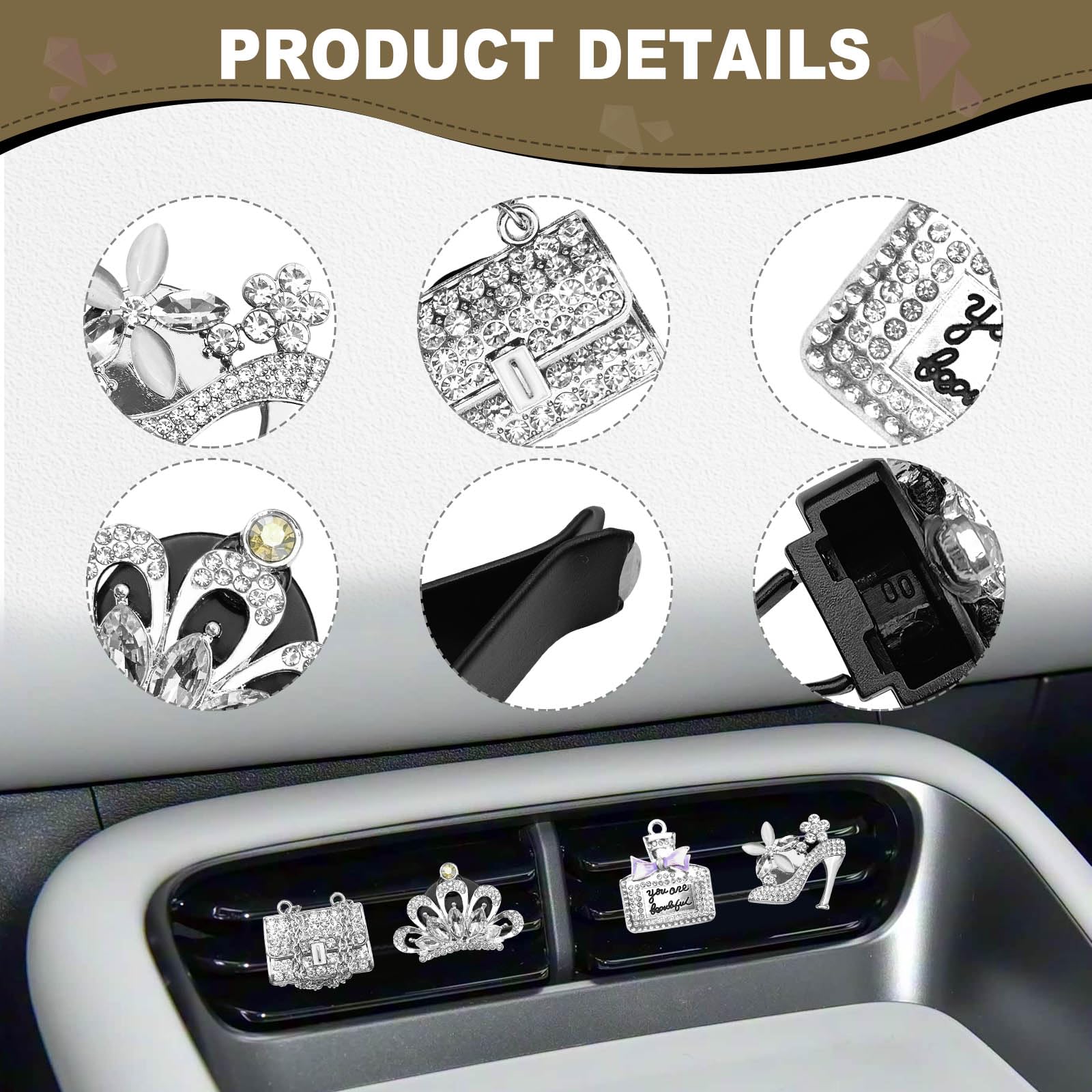 4PCS Bling Air Freshener Vent Clip, Crystal Rhinestone Heels Bag Crown Perfume Bottle Dashboard Air Vent Trim Clips, Cars Accessories Interior Decor (Sliver) 4