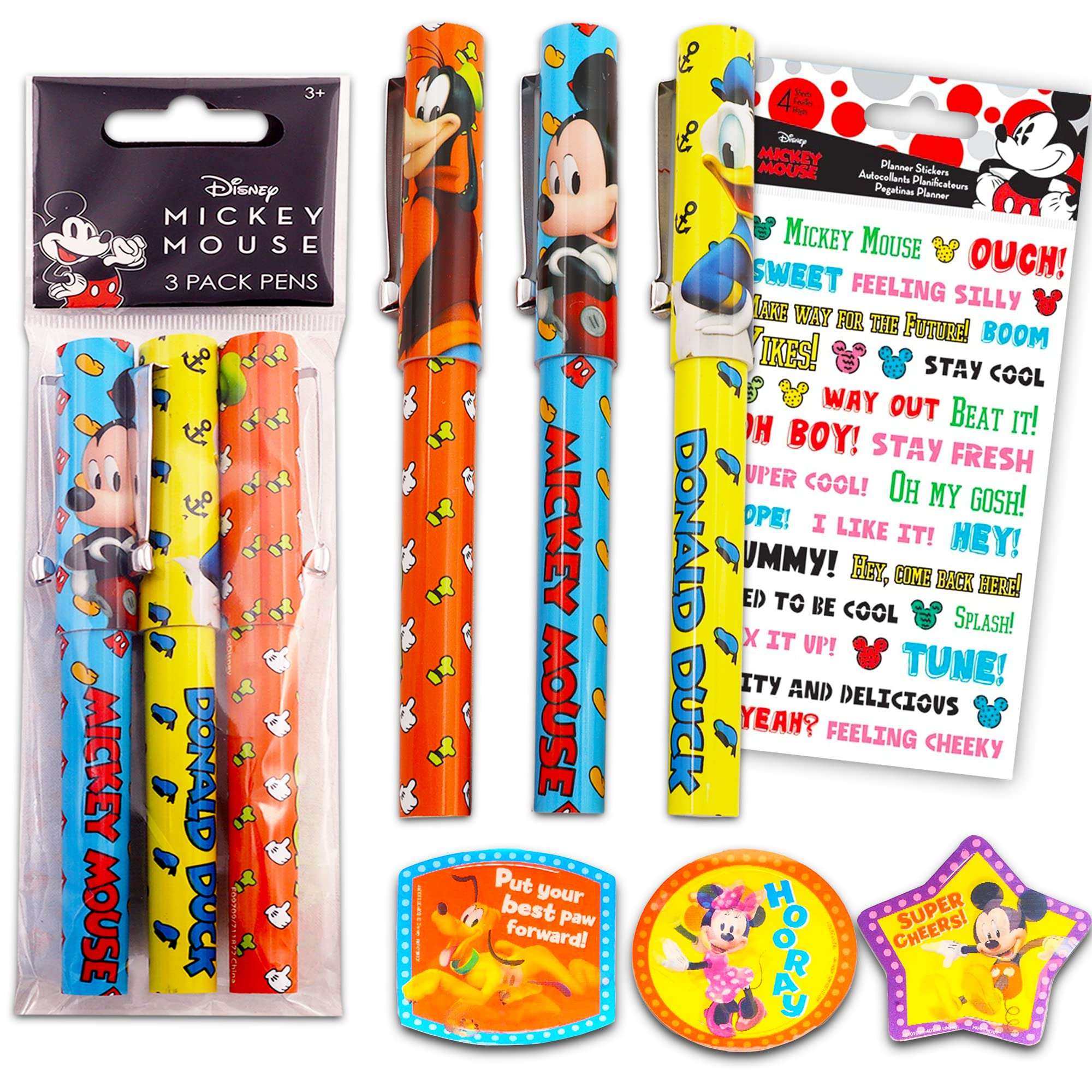 Disney Mickey Mouse Pen Set ~ Bundle Includes Three Mickey Ballpoint Pens, Pencil Toppers, and Stickers (Mickey Mouse Office Supplies) 1