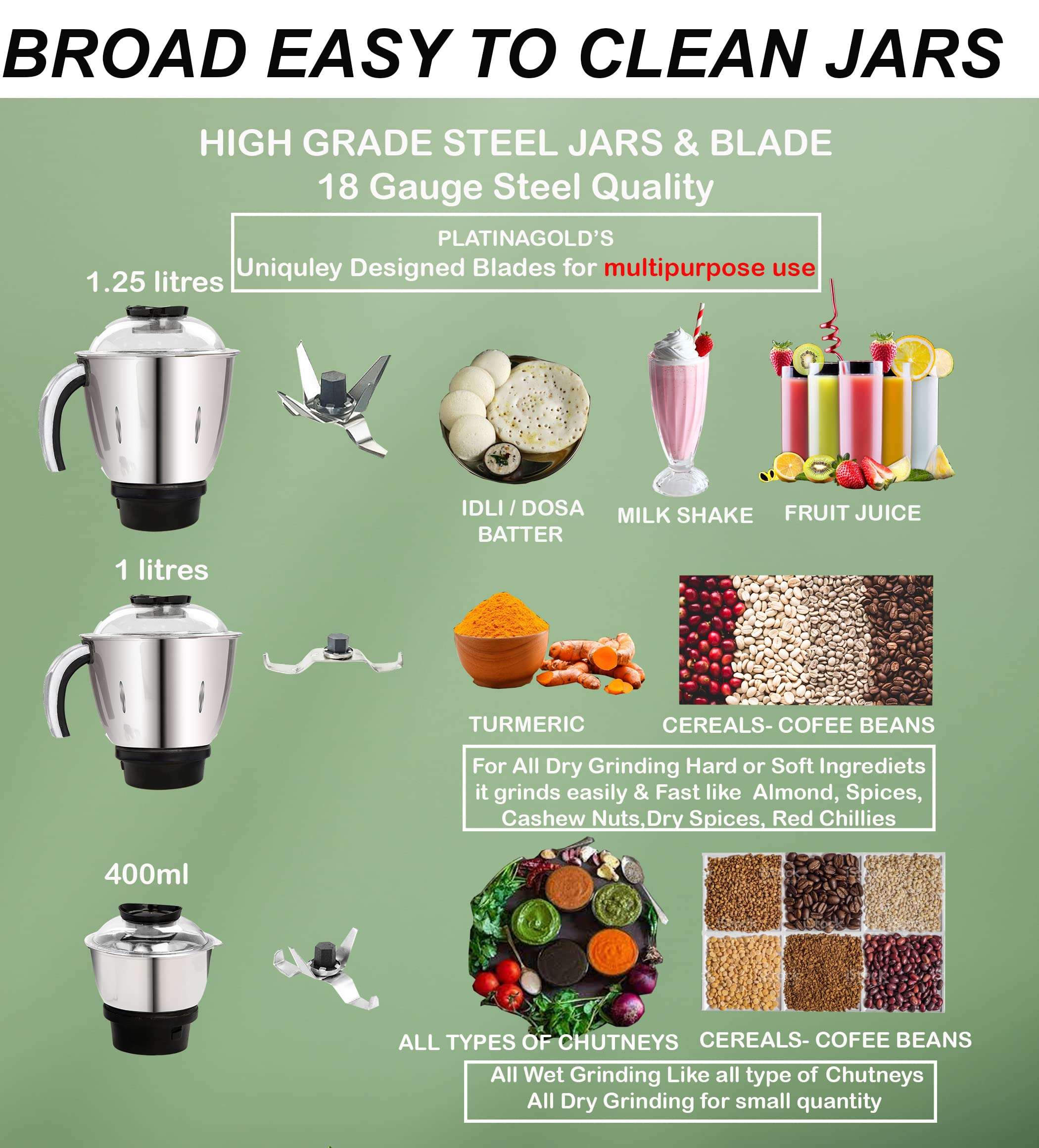 Platinagold Silent Mixer Grinder 1000 + watt series 1200 watt Heavy Duty Copper Motor (Designed for Heavy Household Use) (Mixer Grinder 1200 watt with 3 Jars Black) 4