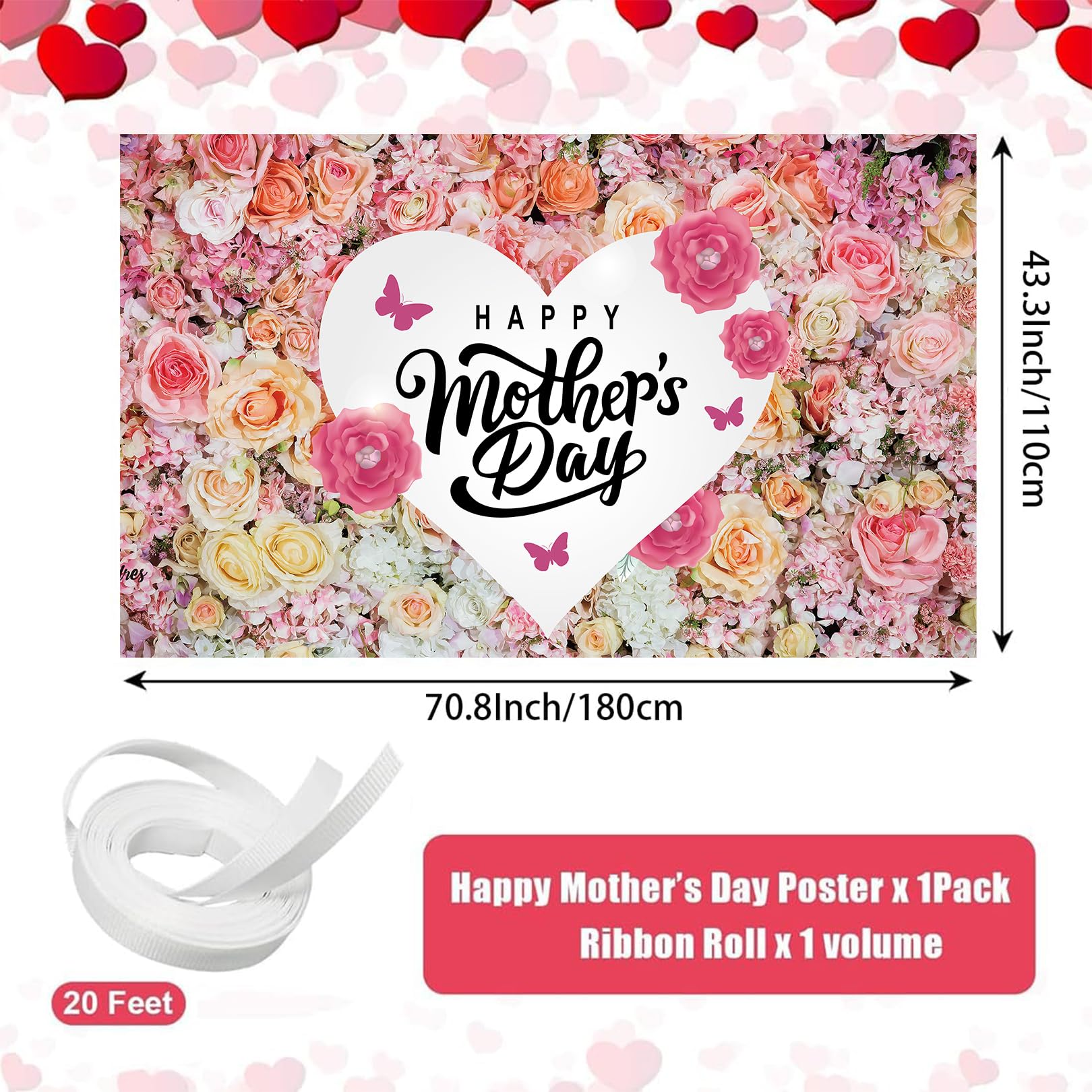Happy Mothers Day Banner Pink Flower Backdrop for Mother’s Day Party Decorations, 71 x 43 Inch 3
