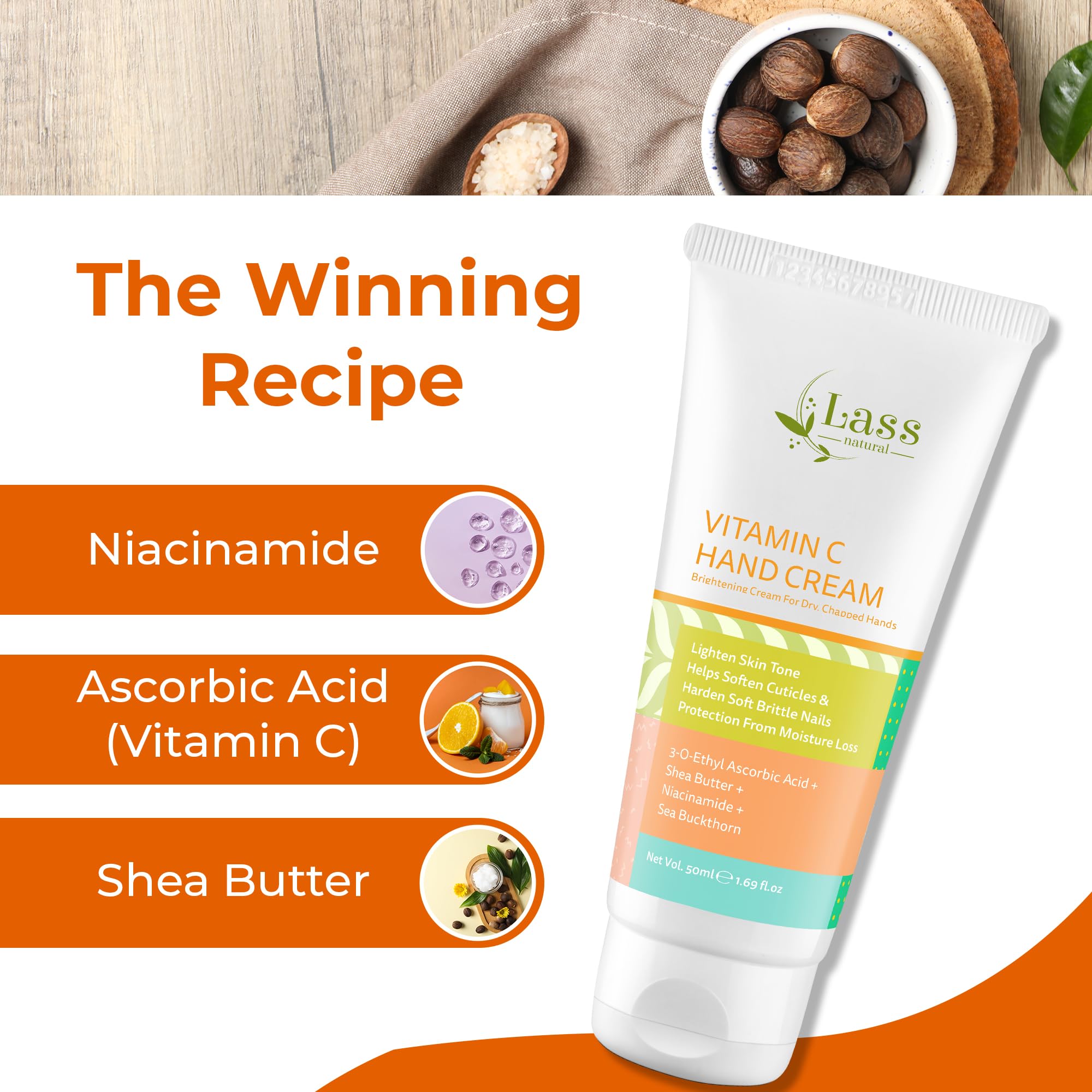 Lass Natural Vitamin C Hand Cream with Shea Butter, Niacinamide - 50gm for Women and Men | Helps in Soften Cutilcles for Dry and Rough Hands | For Brightening, Moisturising & Soften Brittle Nails 4