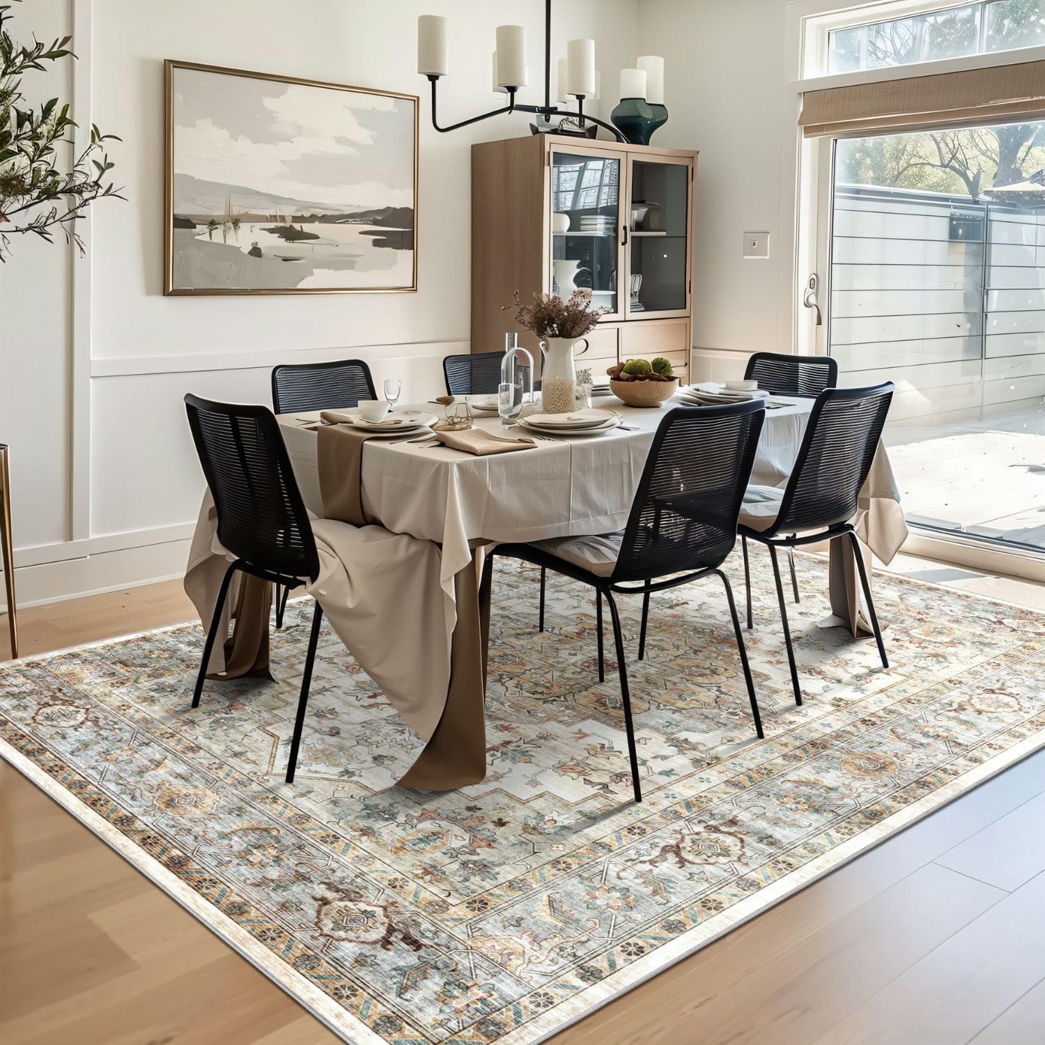 Syalife 4x6 Washable Area Rug, Ultra Soft Non-Slip, Low Pile, Stain Resistant Vintage Area Rug for Living Room,Boho Carpet for Bedroom, Dining Room, Office, Foldable Home Decor Rug, Multi Beige 3