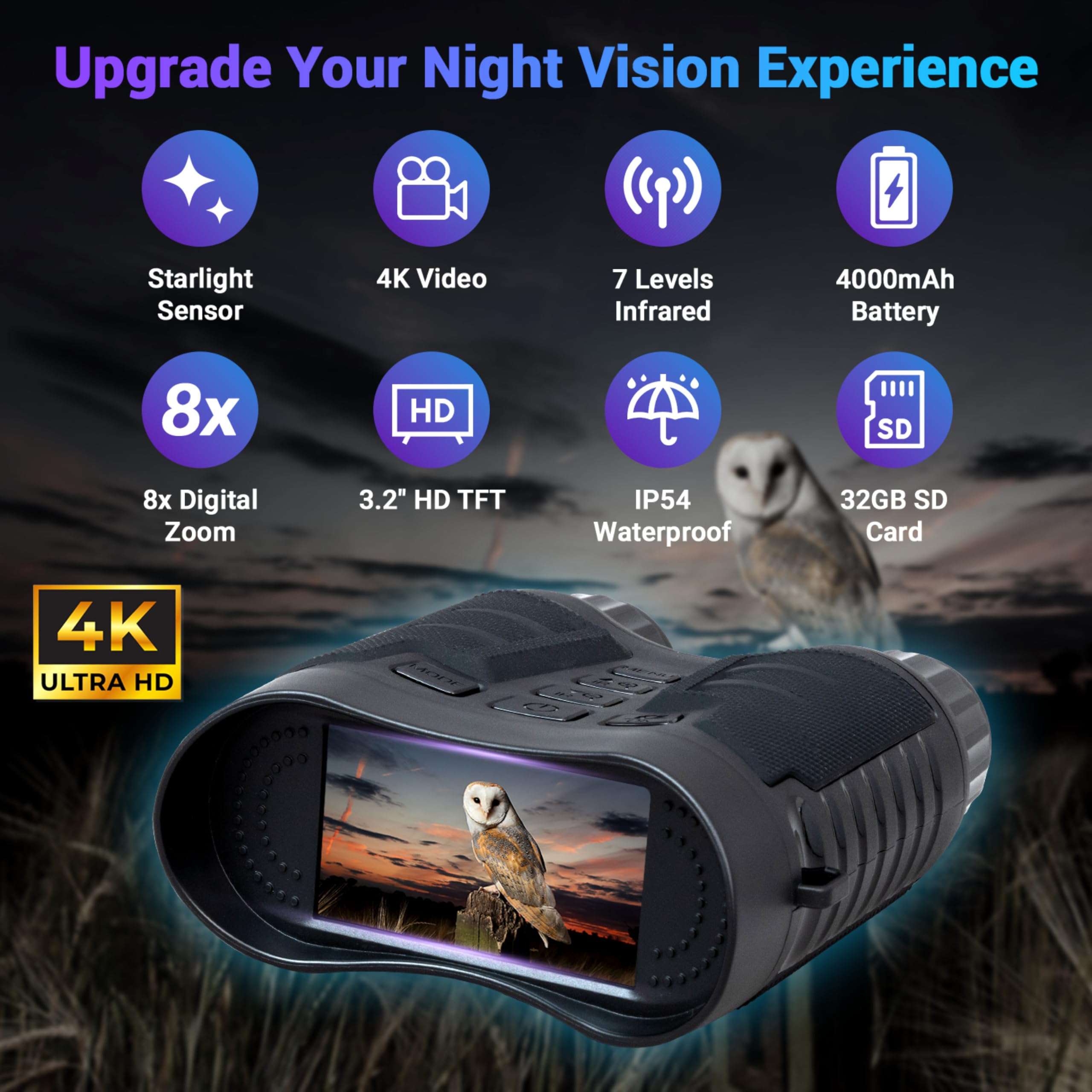 VIRTUAL HAVEN Upgraded Night Vision Goggles - 4K Night Vision Binoculars, 8X Digital Zoom, 3.2'' Screen with 32GB SD Card 3